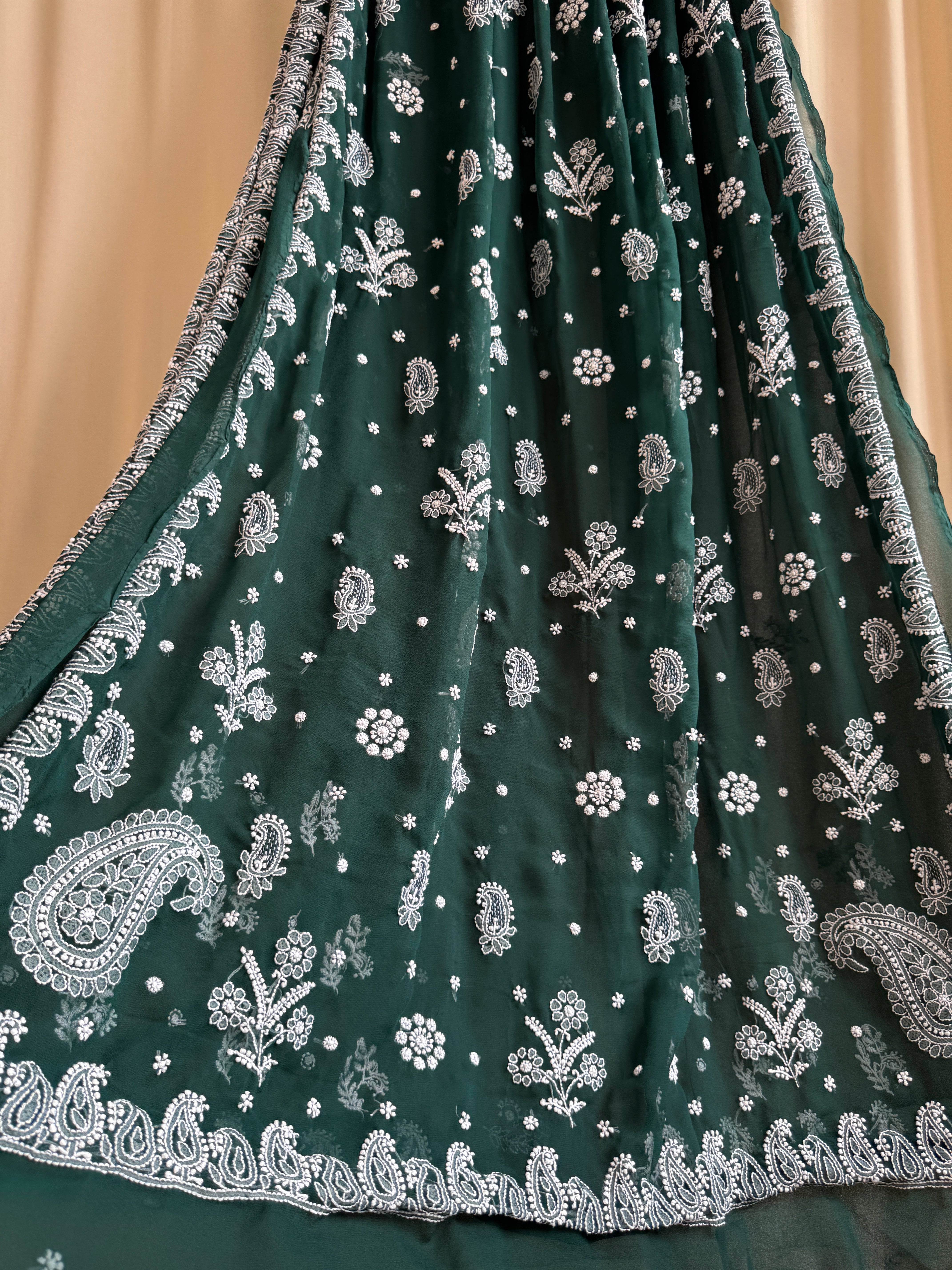 Georgette Chikankari saree in Dark Green