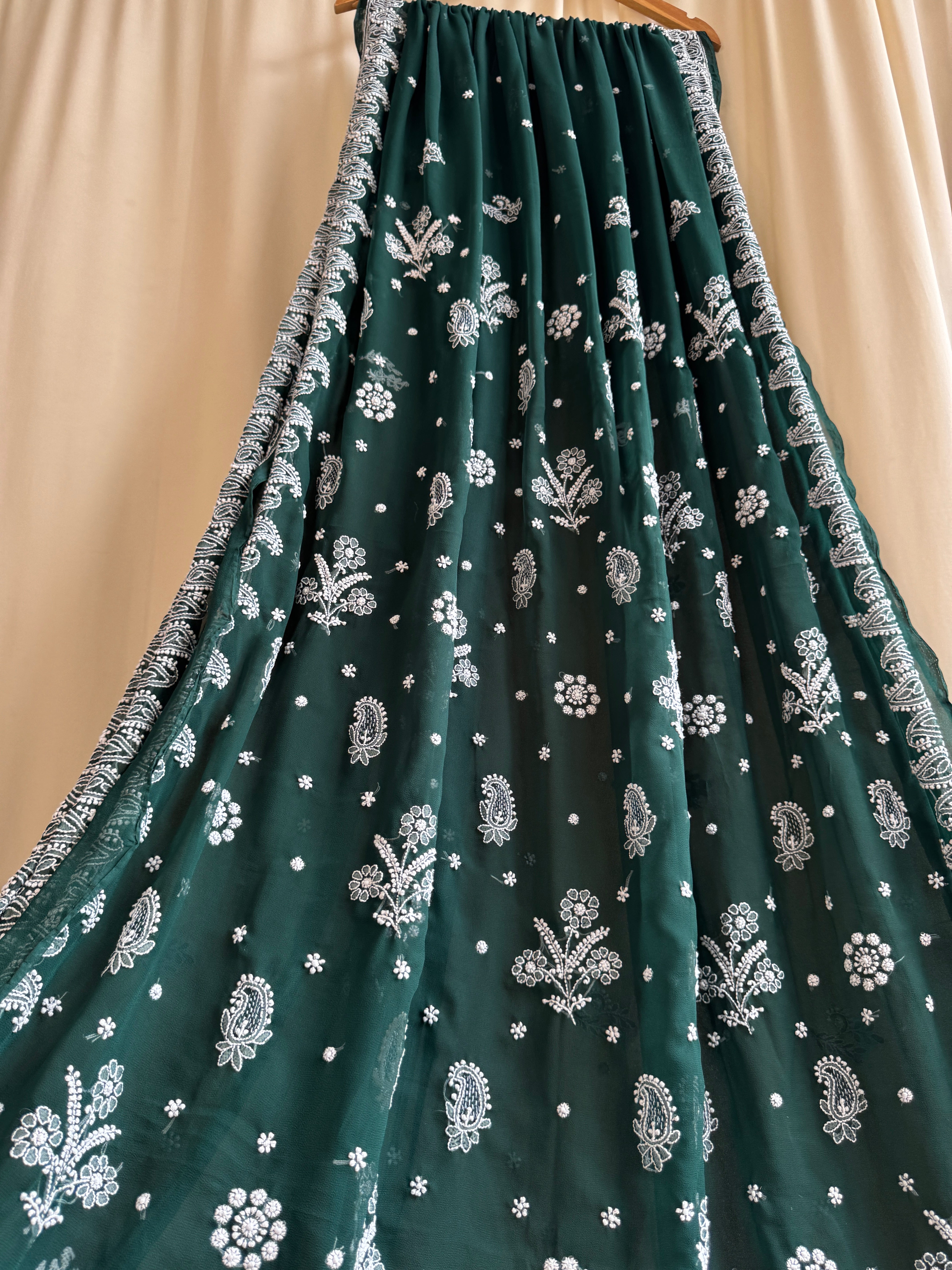 Georgette Chikankari saree in Dark Green