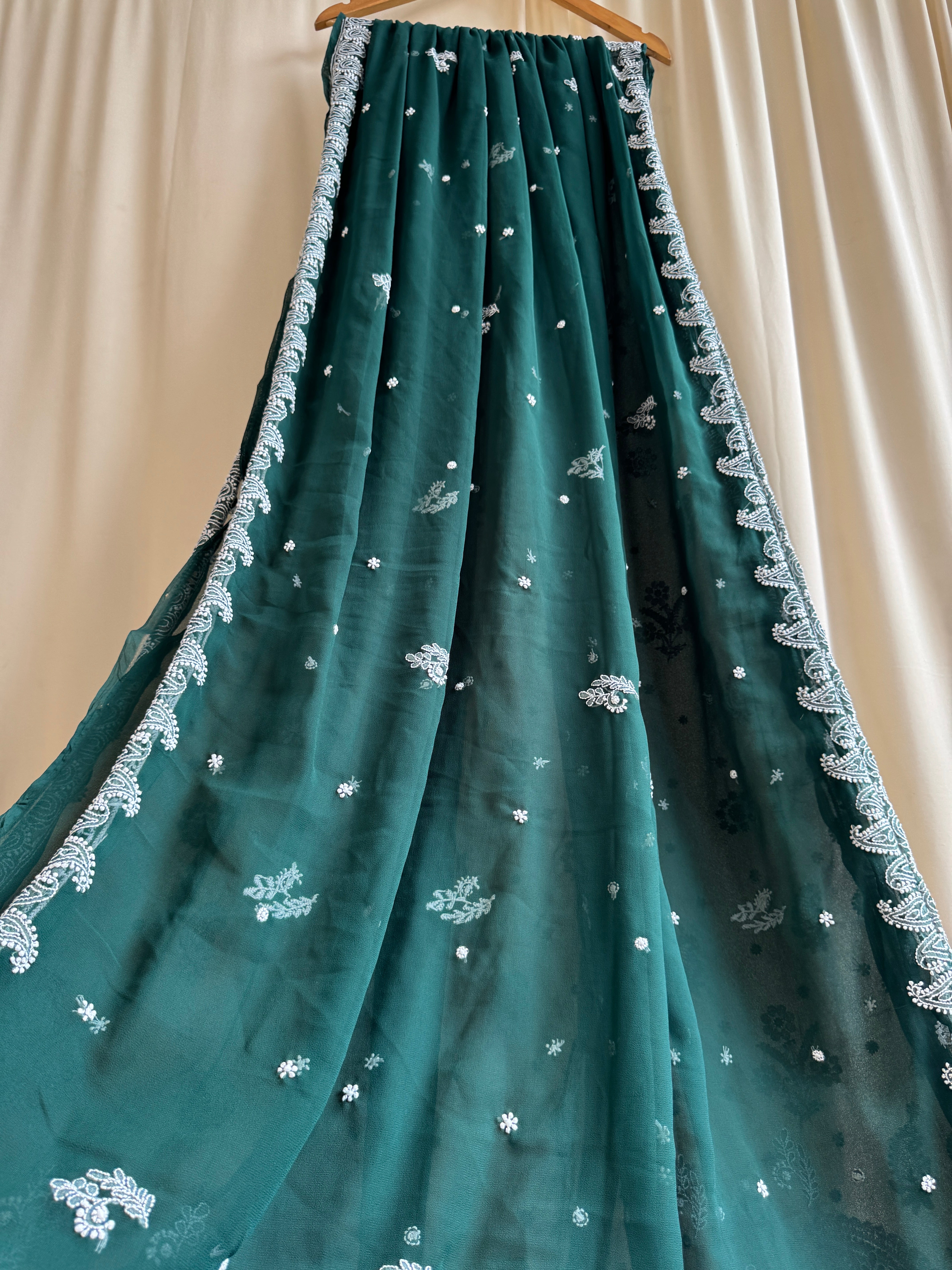 Georgette Chikankari saree in Dark Green