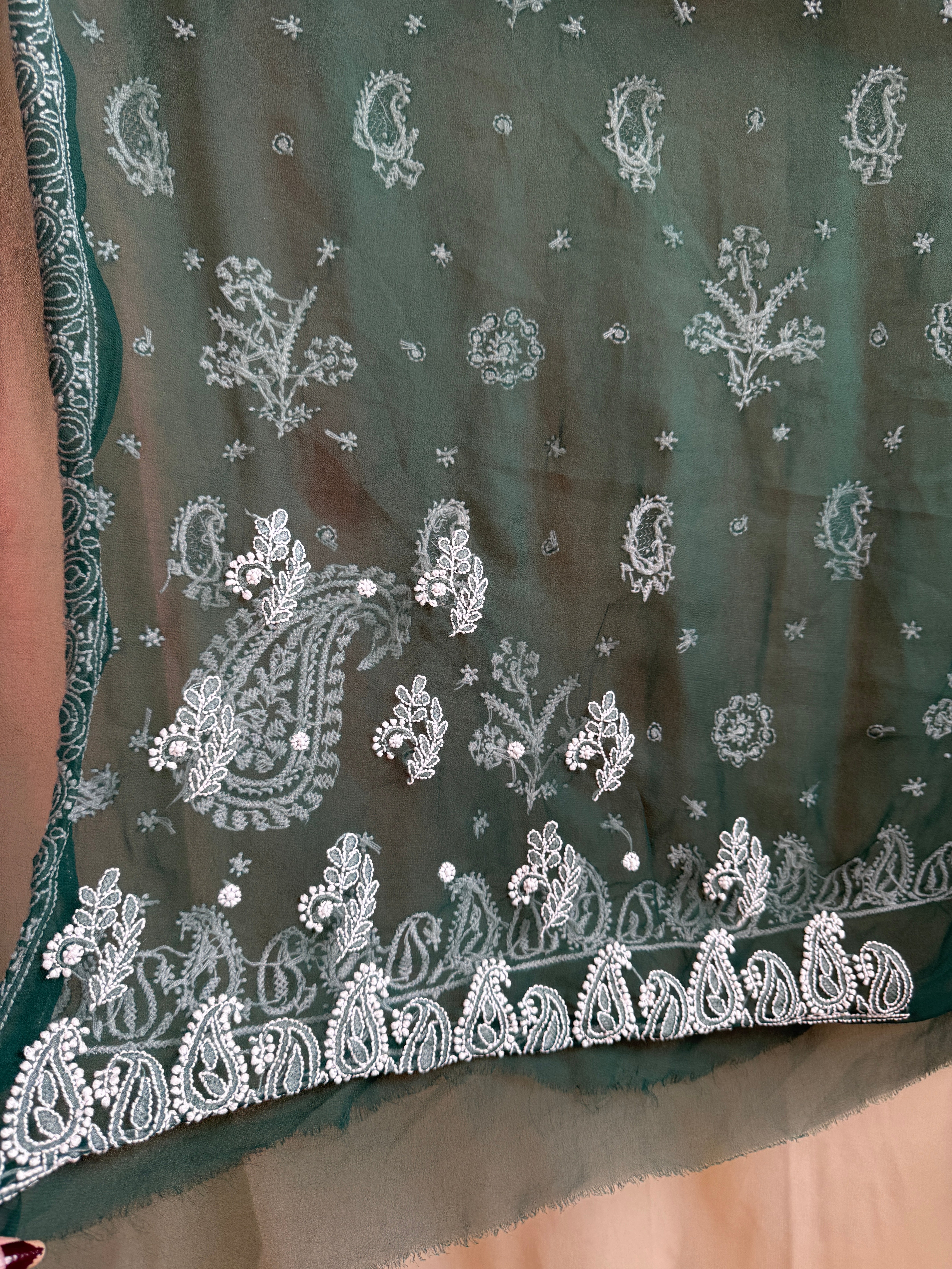 Georgette Chikankari saree in Dark Green