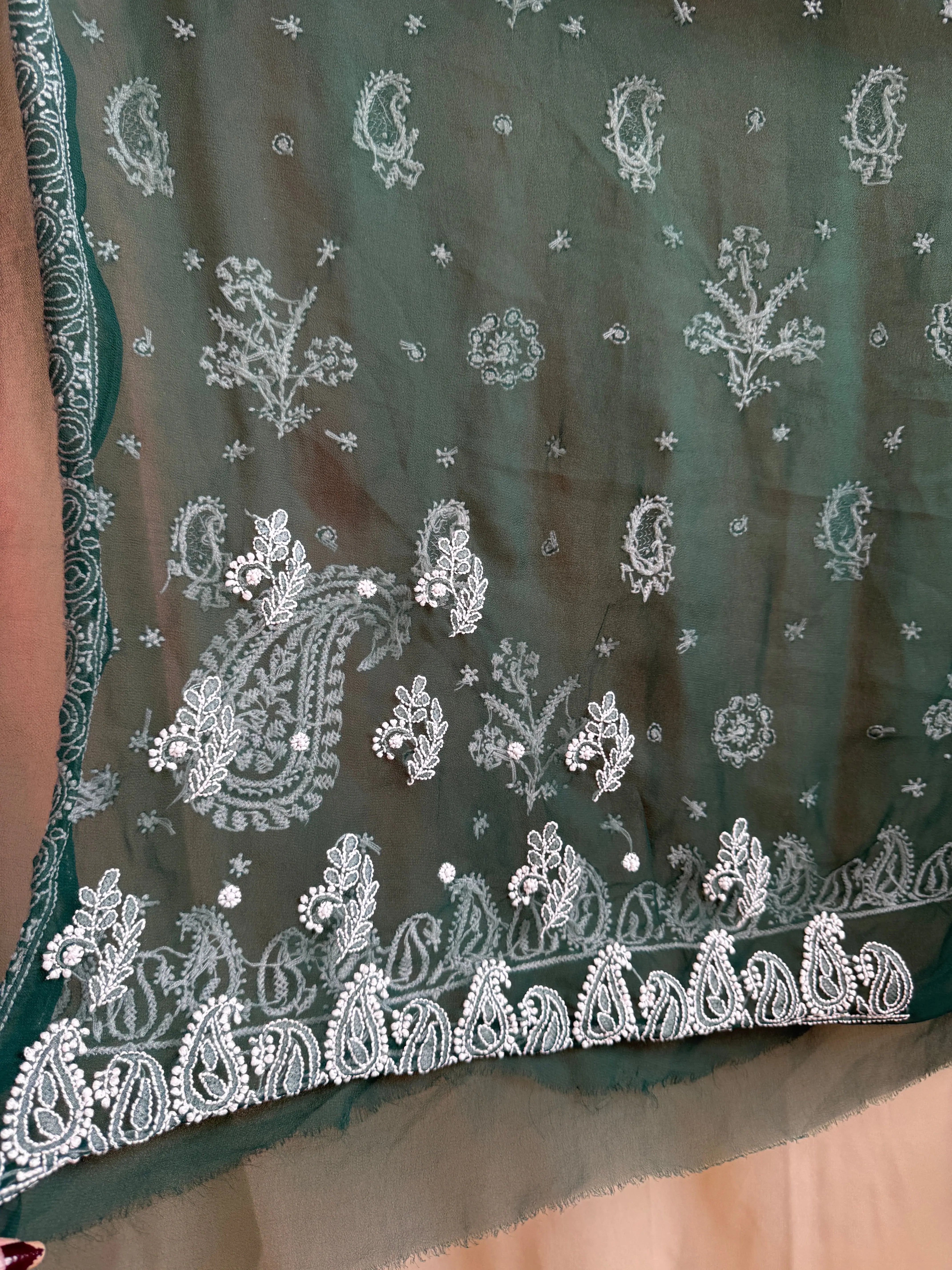 Georgette Chikankari saree in Dark Green ARIAA CHIKANKARI