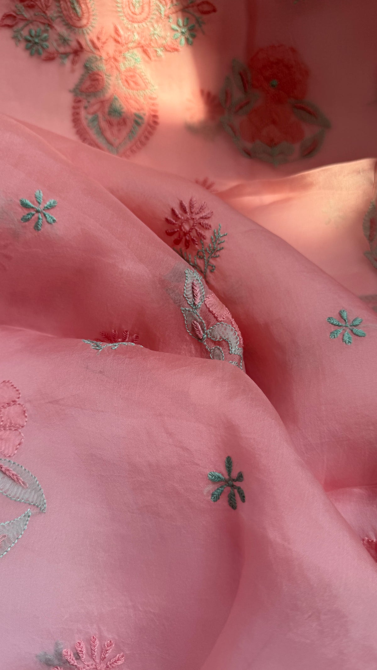 Pure Organza Lucknow Chikankari Unstitched Suit Set - pink