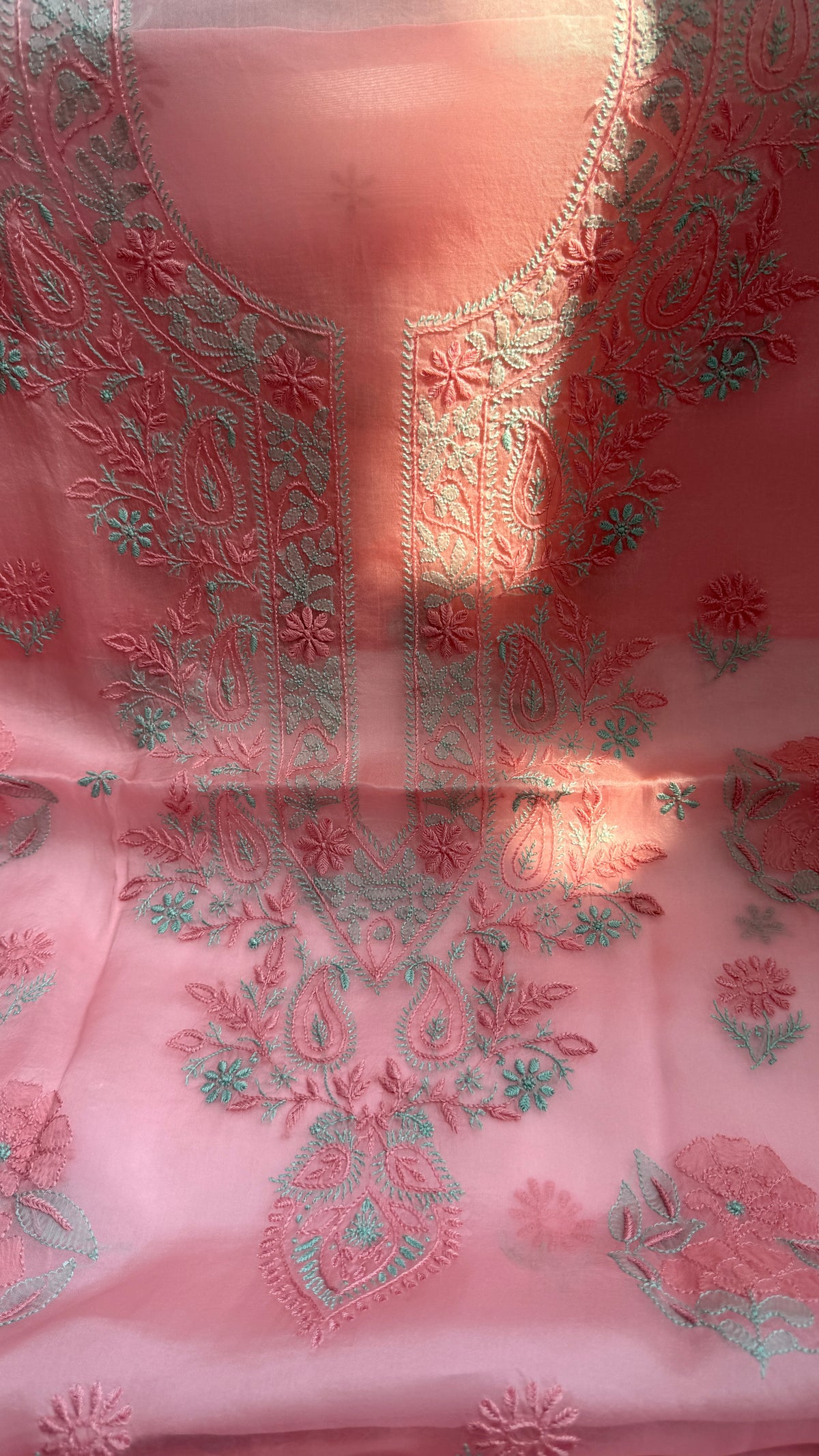 Pure Organza Lucknow Chikankari Unstitched Suit Set - pink