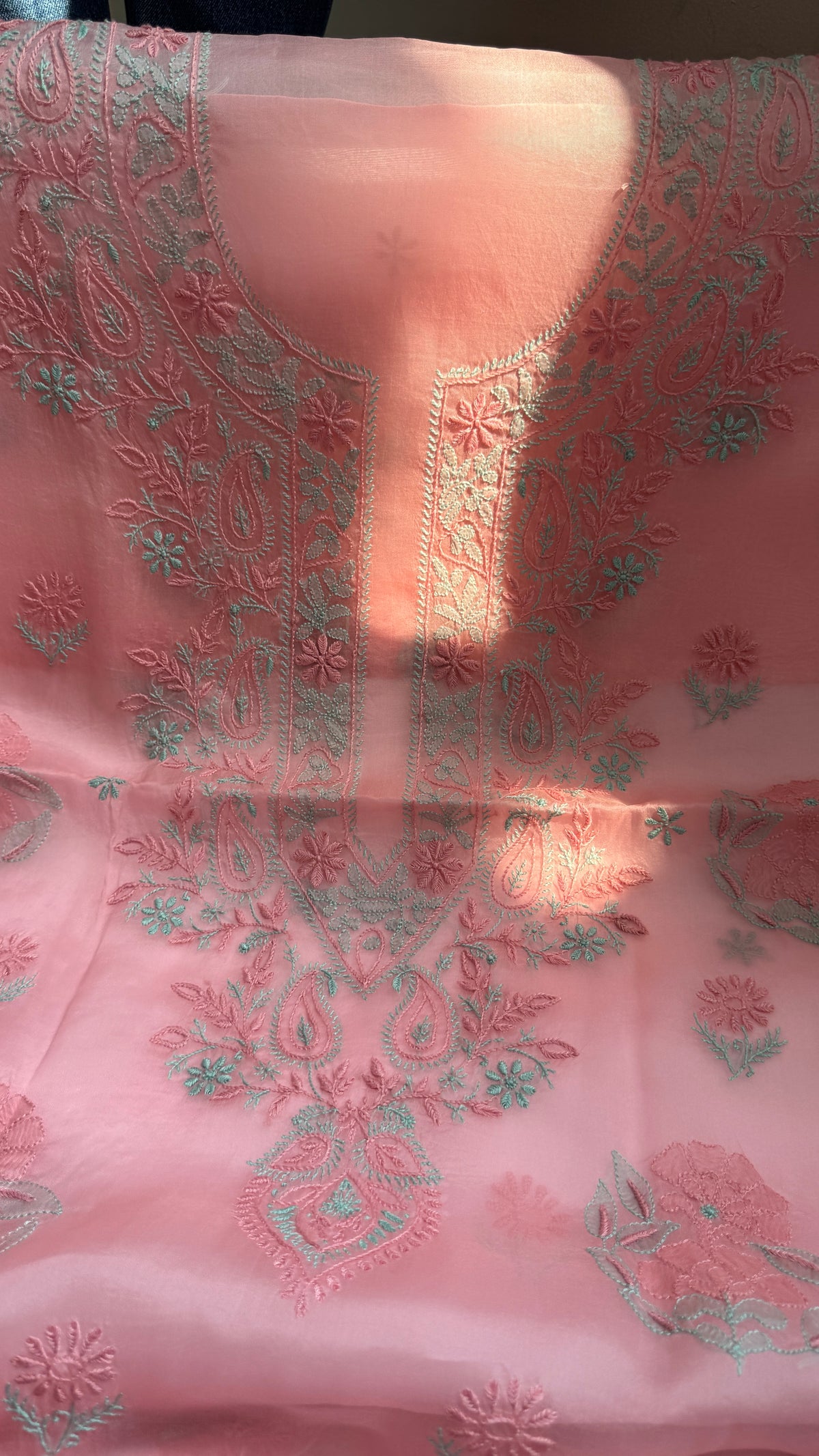 Pure Organza Lucknow Chikankari Unstitched Suit Set - pink