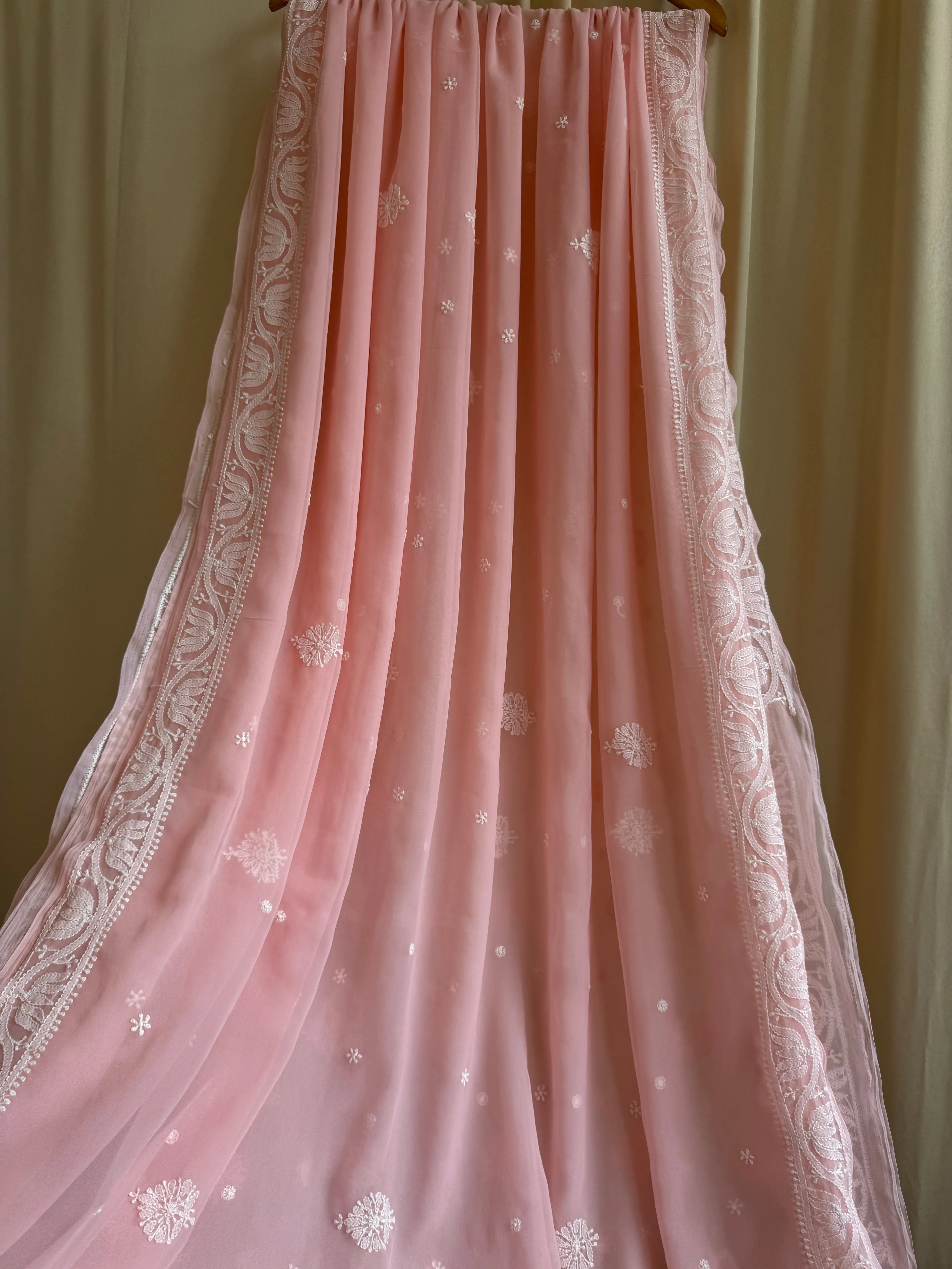 Georgette Chikankari saree in Peach ARIAA CHIKANKARI