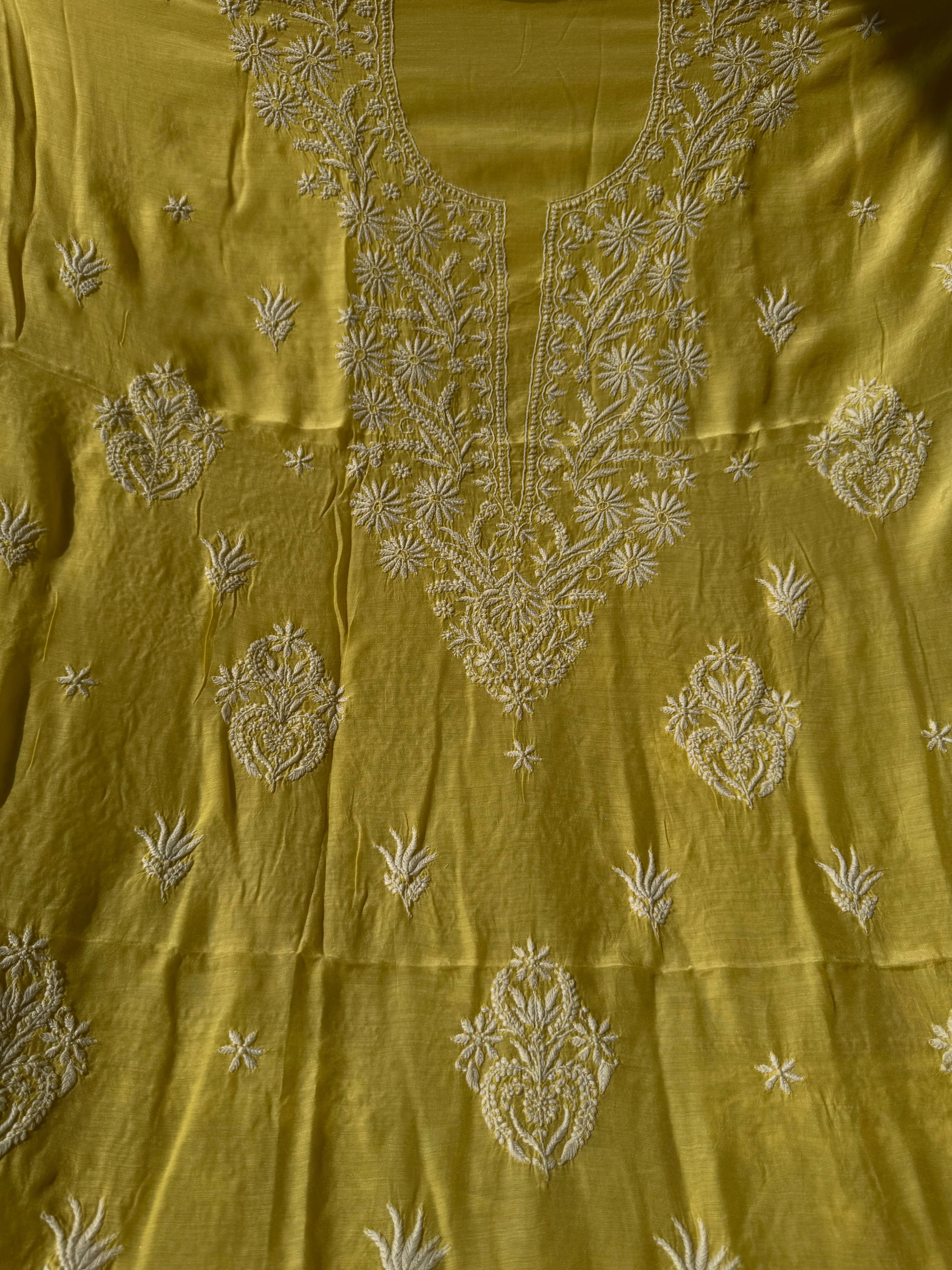 Pure Muslin kurti Length unstitched - Yellow ARIAA CHIKANKARI