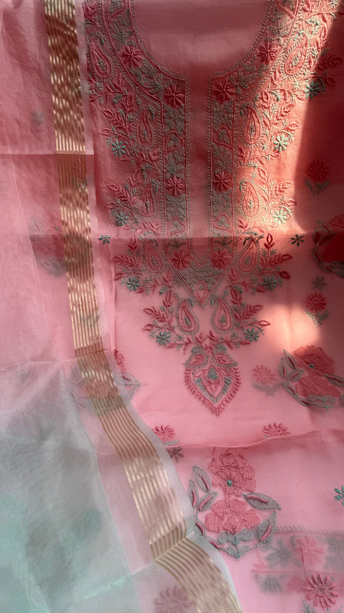 Pure Organza Lucknow Chikankari Unstitched Suit Set - pink
