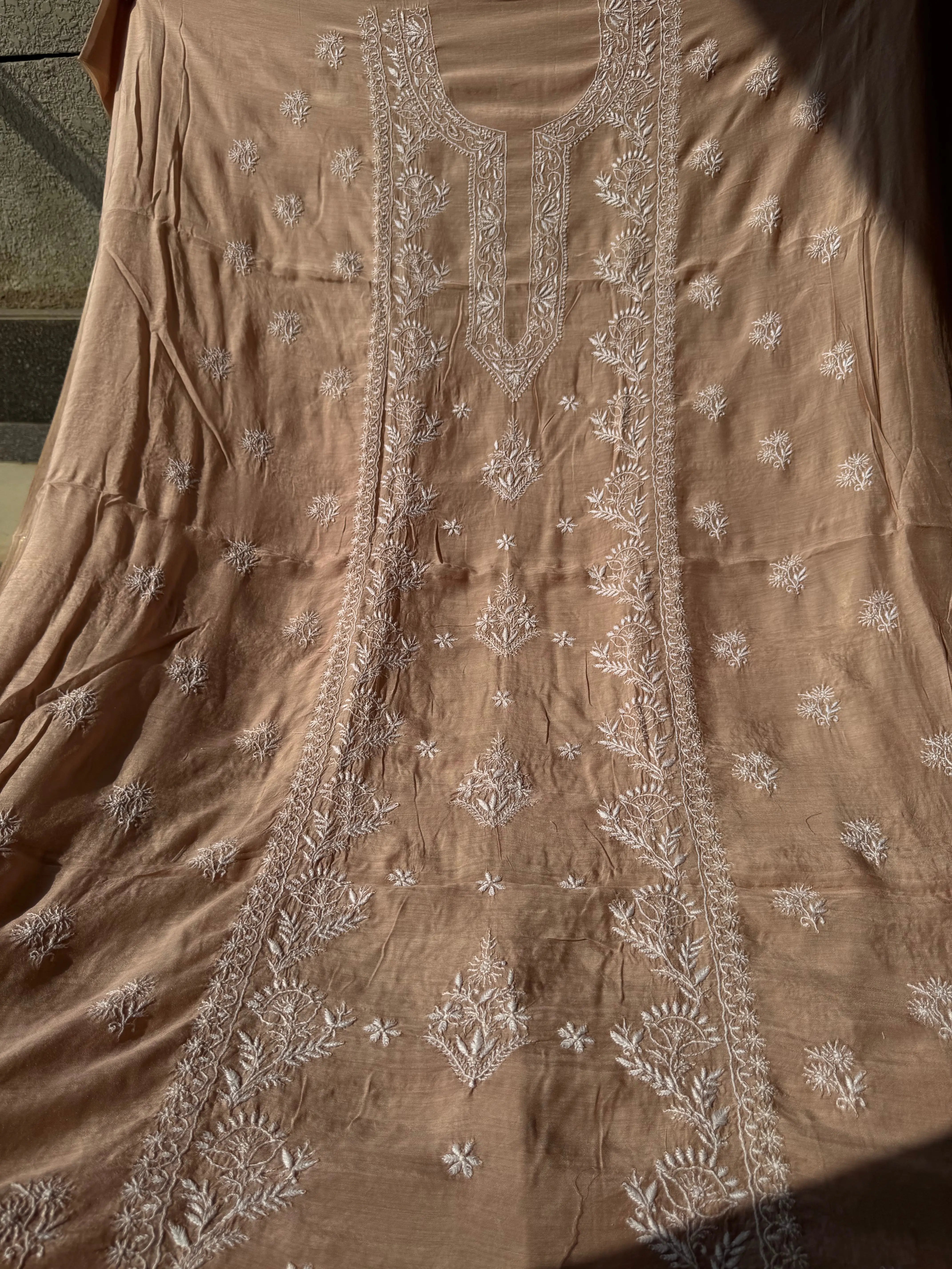 Pure Muslin kurti Length unstitched - Beige Brown ARIAA CHIKANKARI