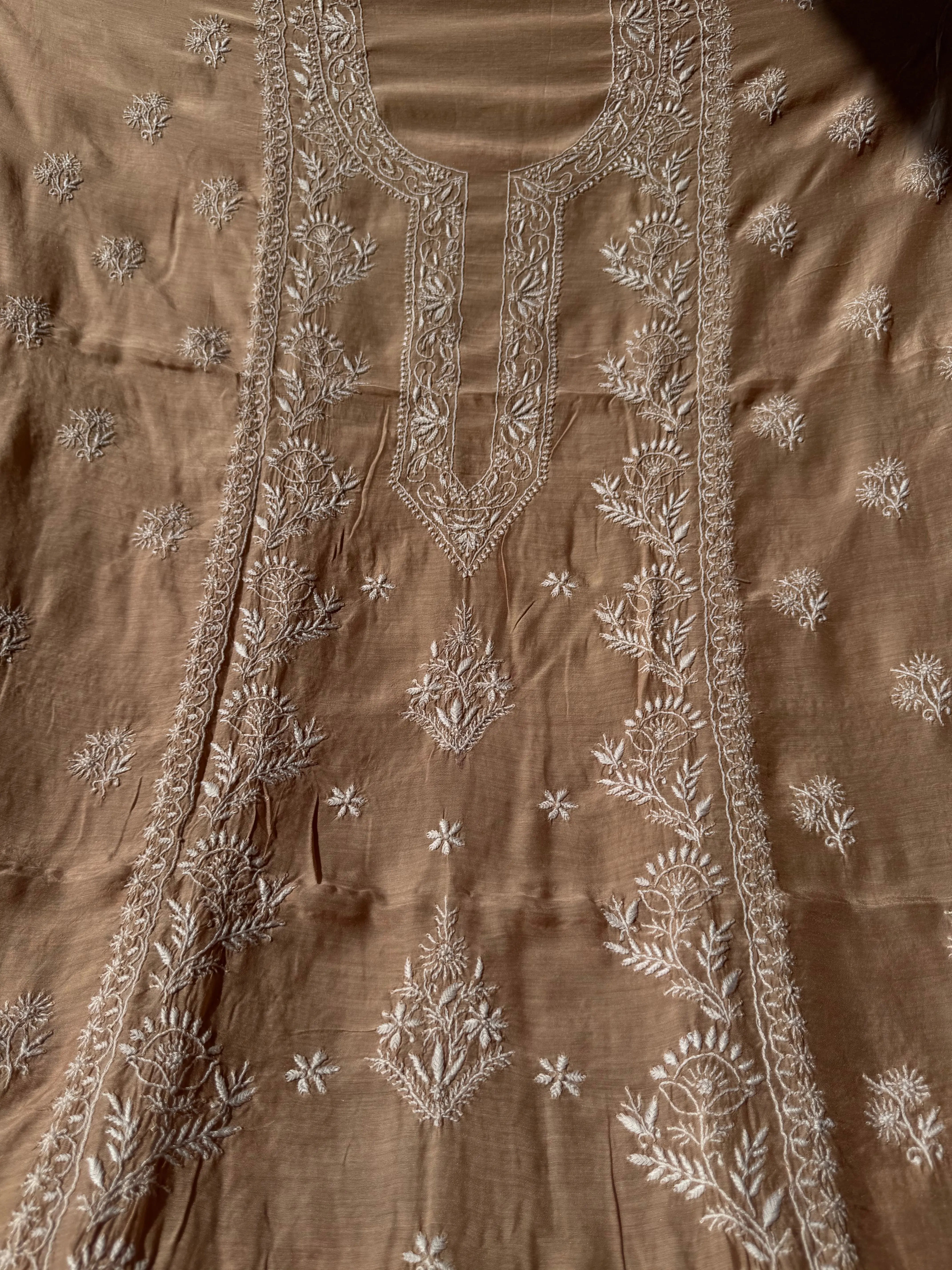 Pure Muslin kurti Length unstitched - Beige Brown ARIAA CHIKANKARI