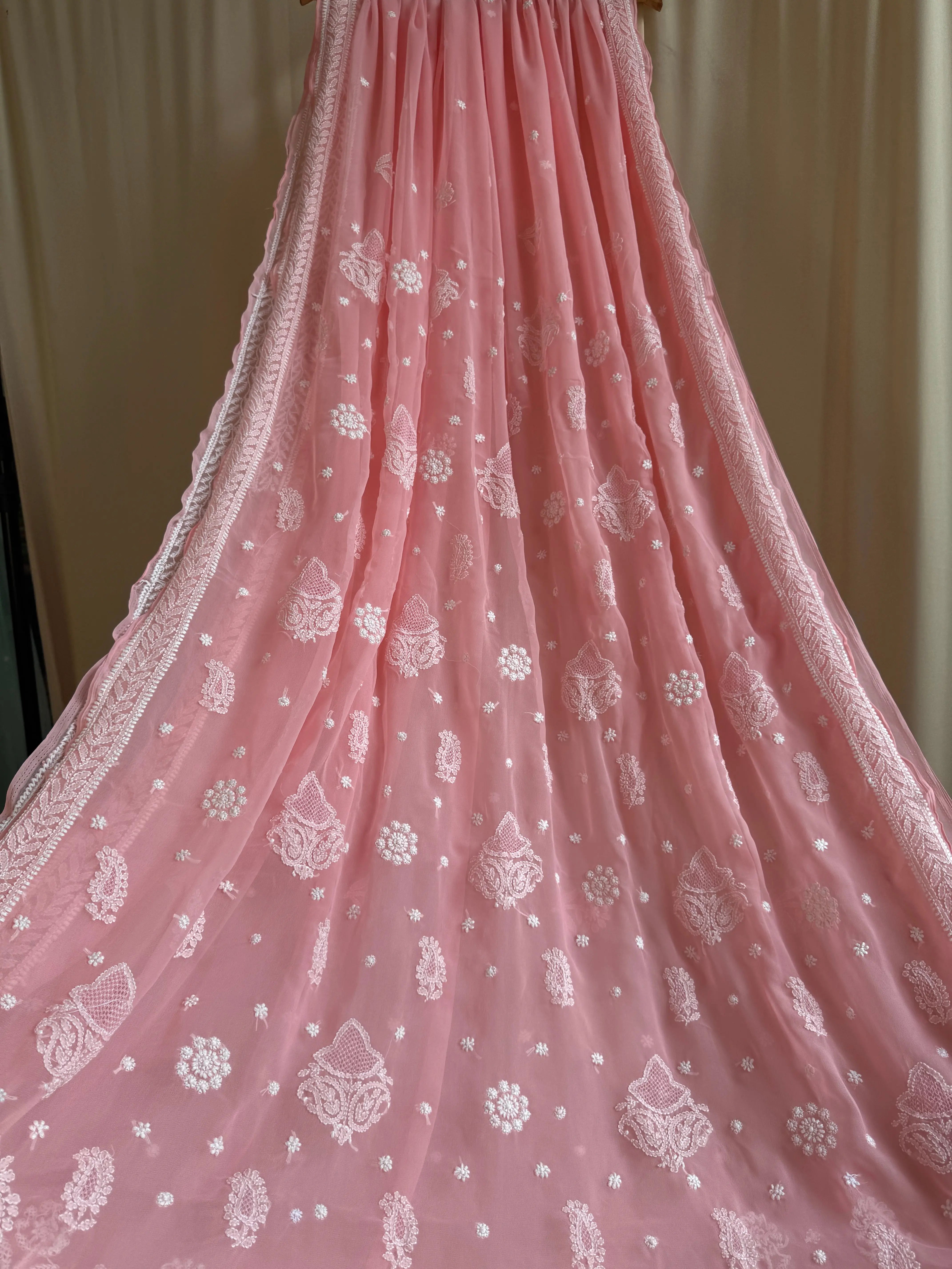 Georgette Chikankari saree in Peach ARIAA CHIKANKARI