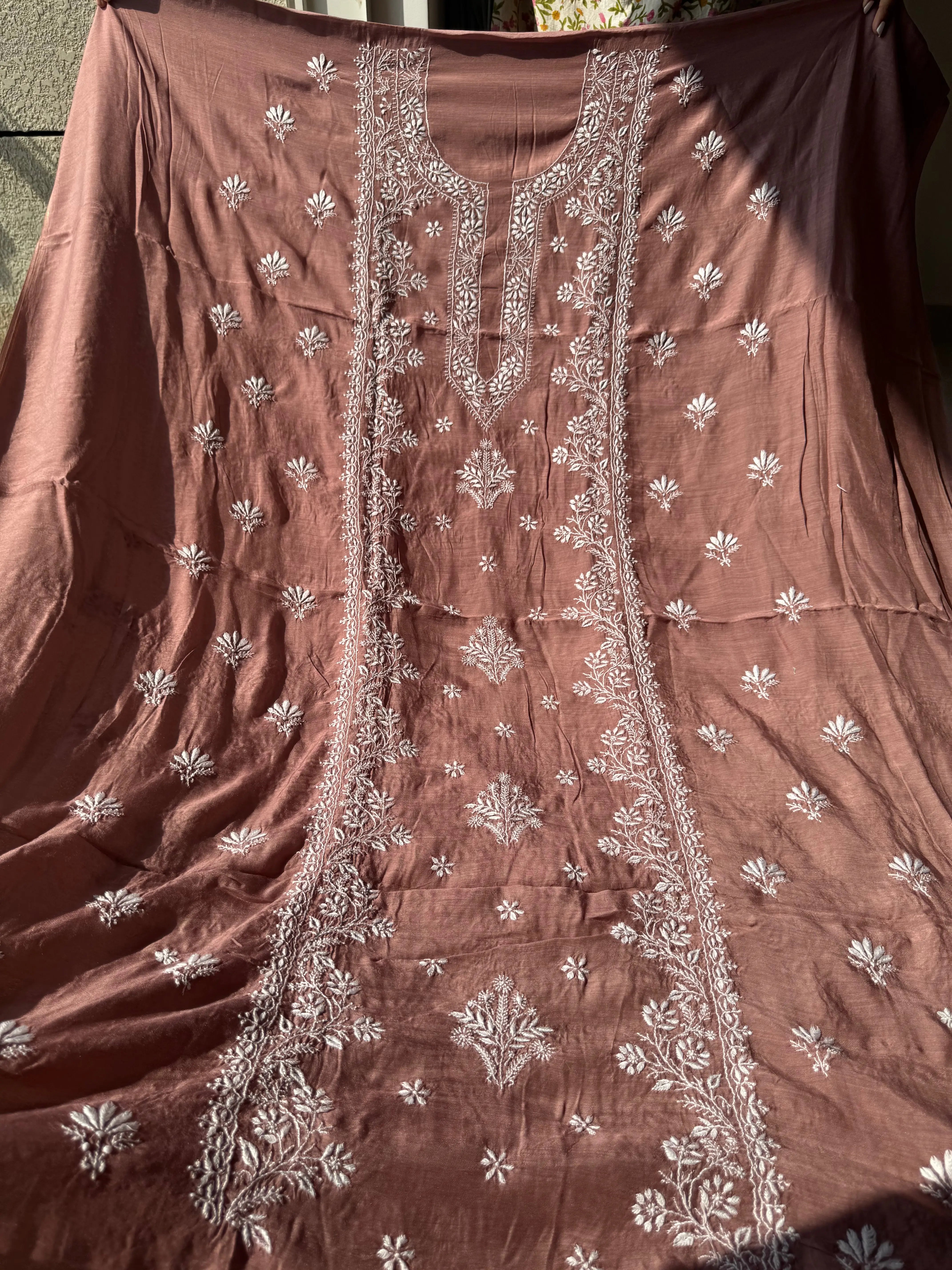Pure Muslin kurti Length unstitched - Brown Mauve ARIAA CHIKANKARI