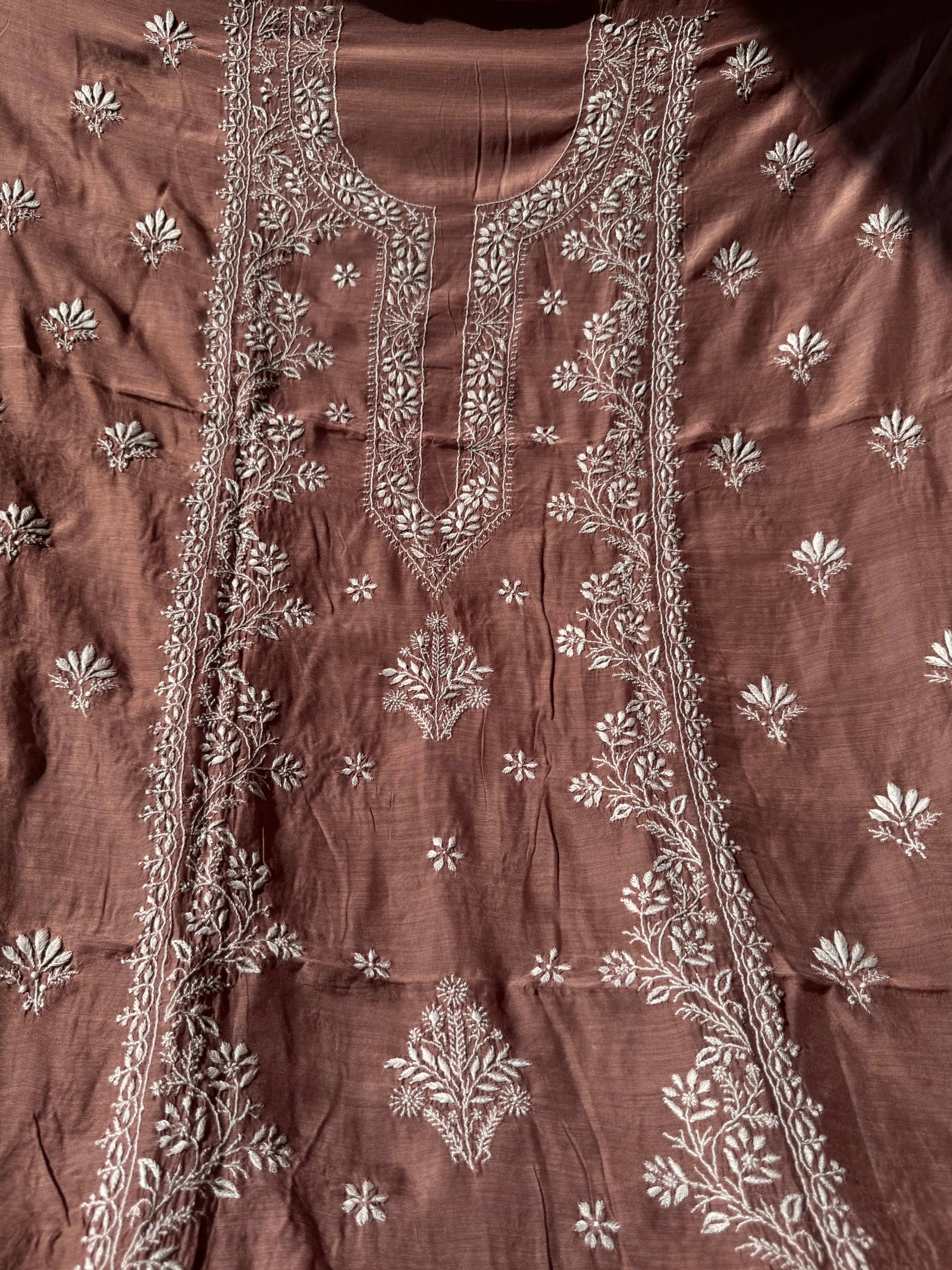 Pure Muslin kurti Length unstitched - Brown Mauve ARIAA CHIKANKARI