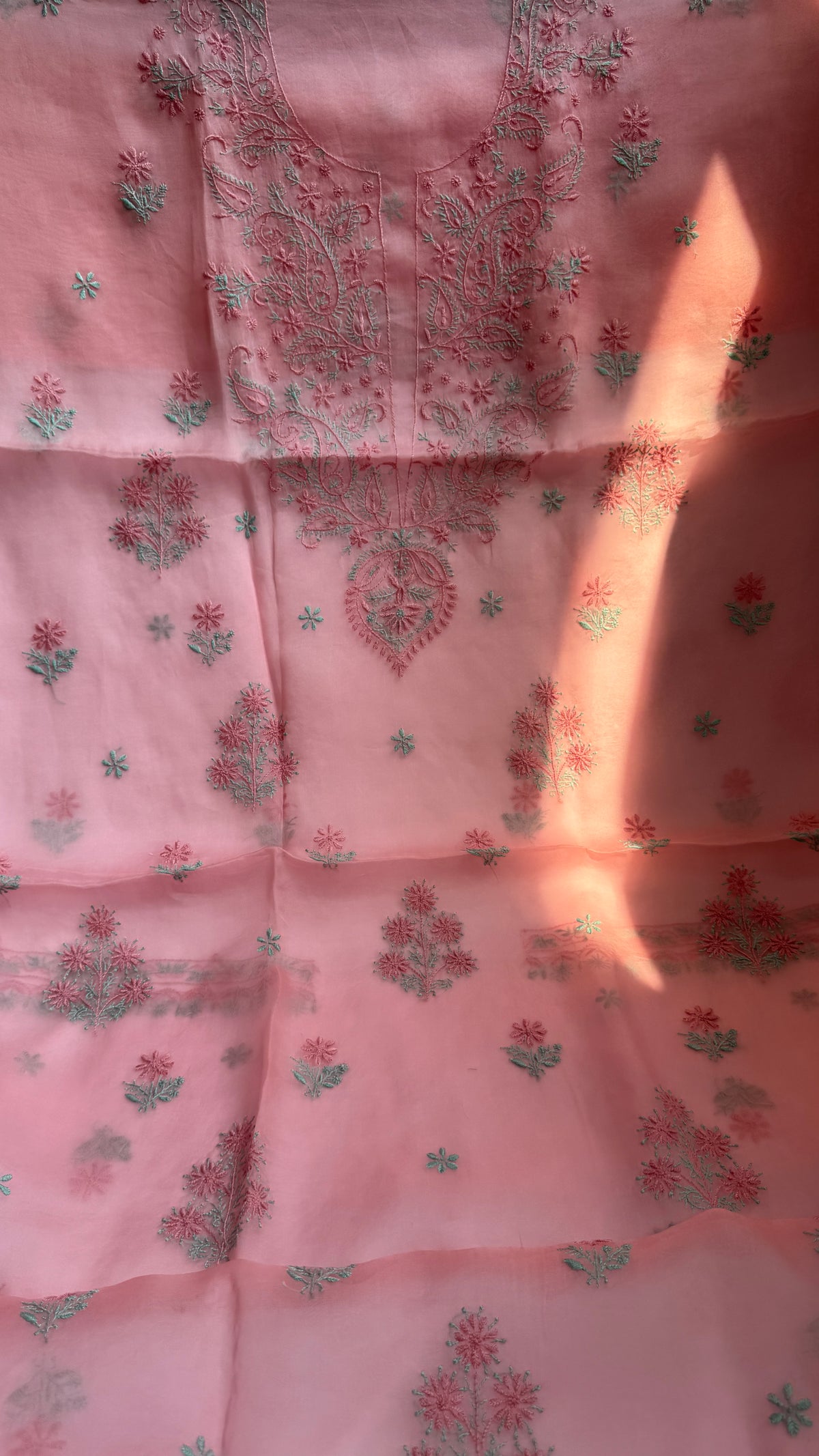 Pure Organza Lucknow Chikankari Unstitched Suit Set - pink