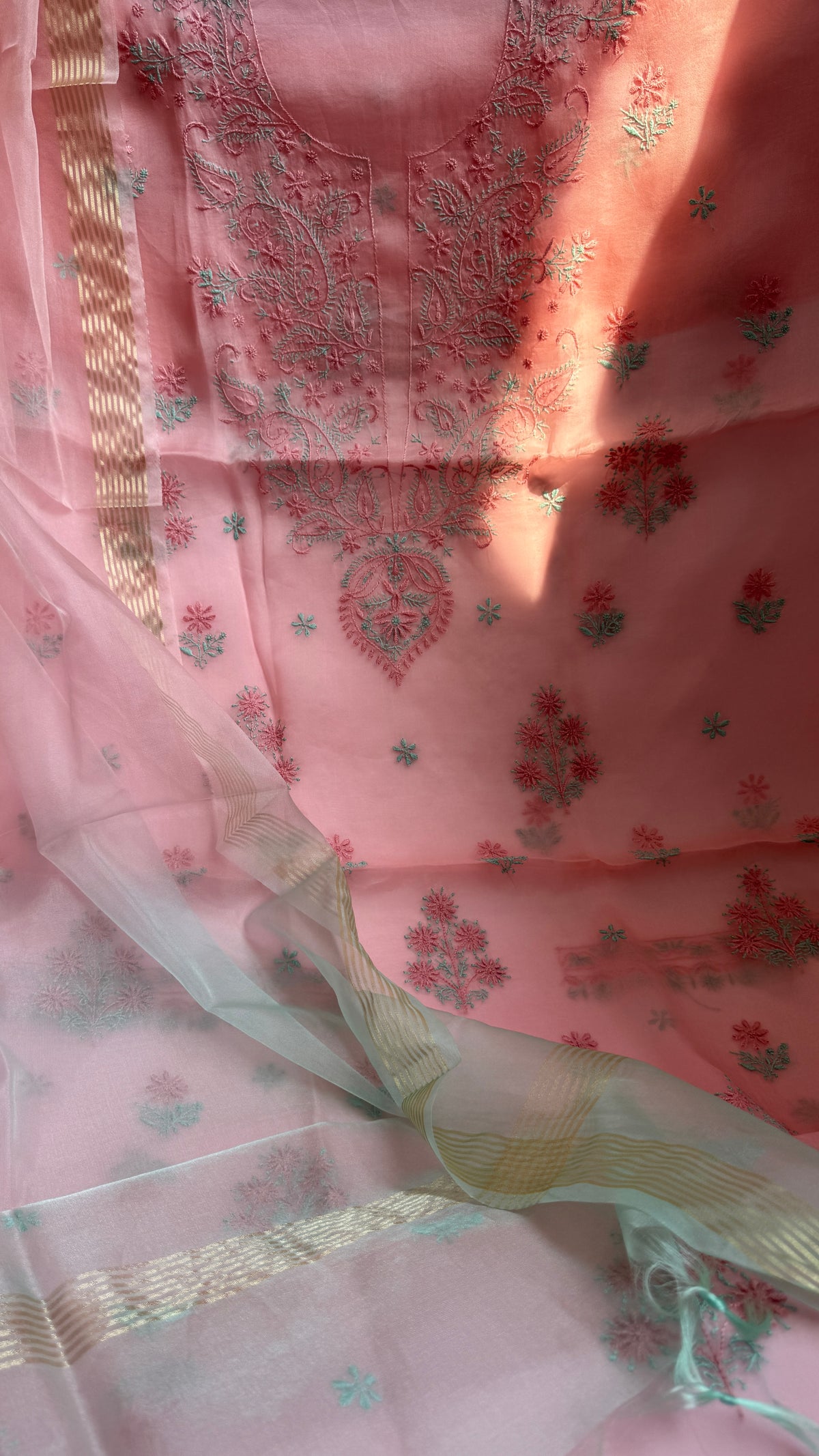 Pure Organza Lucknow Chikankari Unstitched Suit Set - pink