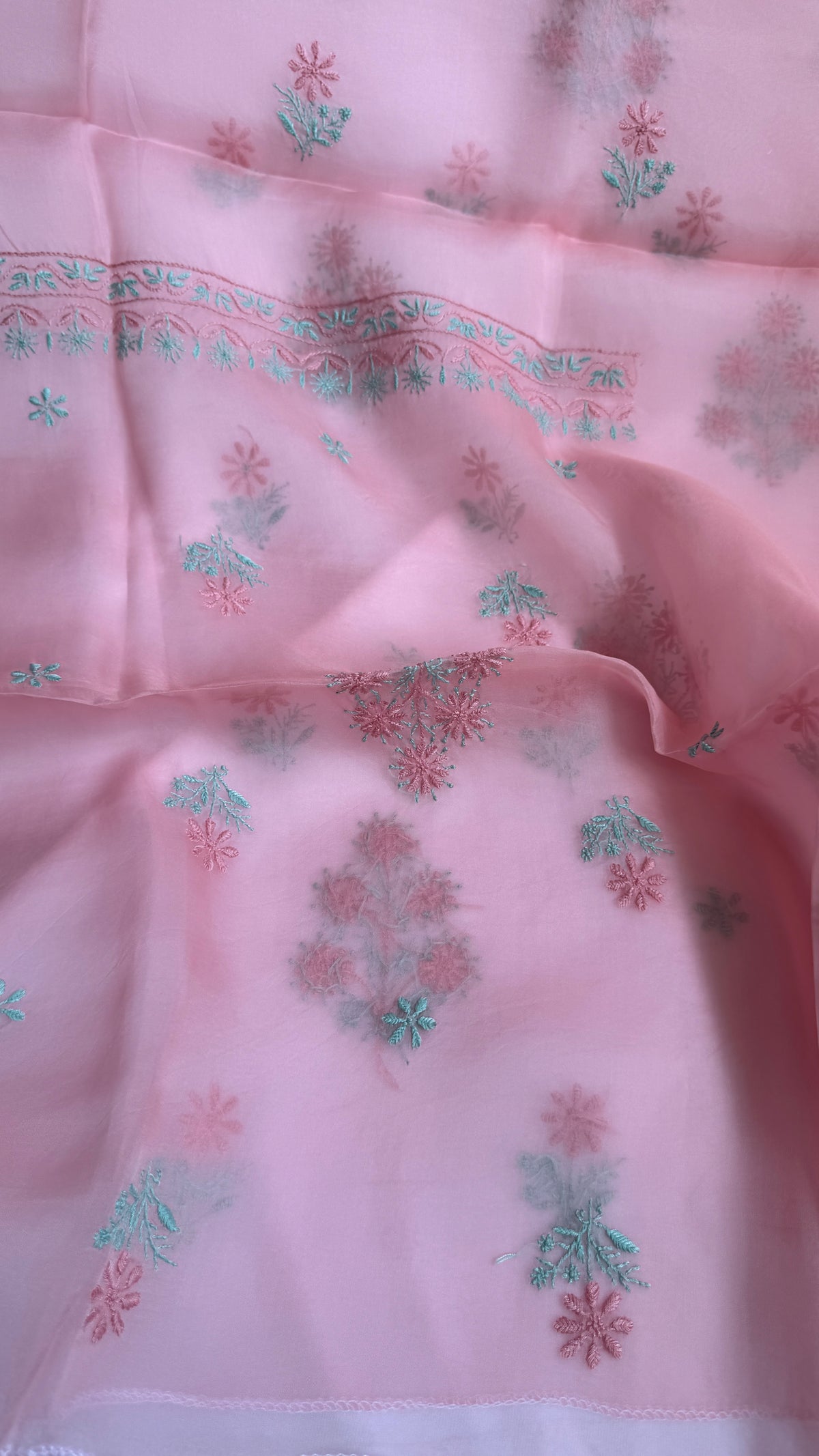 Pure Organza Lucknow Chikankari Unstitched Suit Set - pink