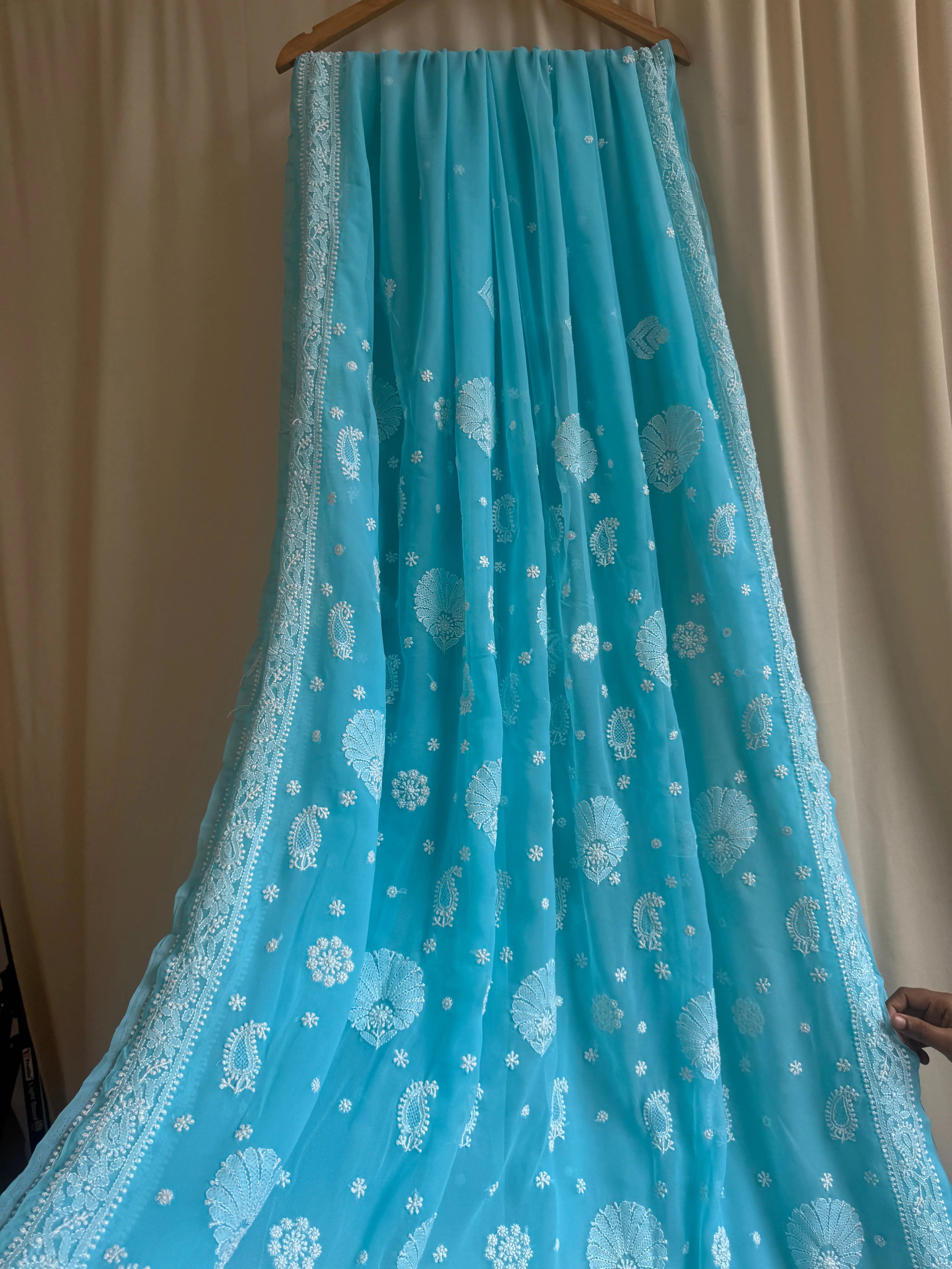 Georgette Chikankari saree in Firozi ARIAA CHIKANKARI