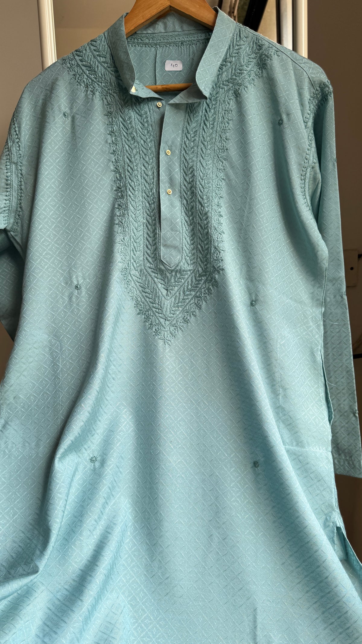 Textured Cotton Chikankari Kurta -Turquoise - Men's Collection