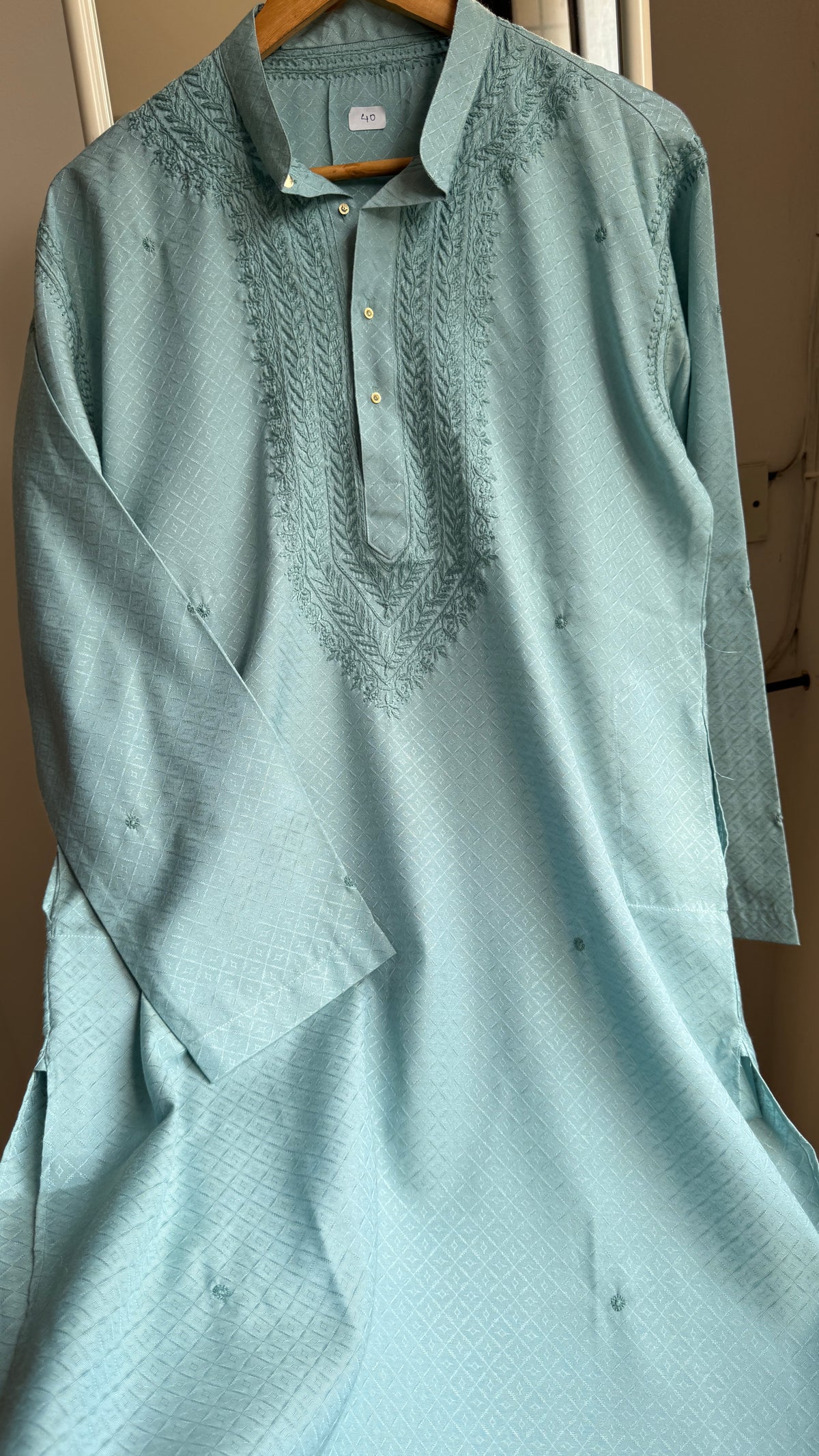 Textured Cotton Chikankari Kurta -Turquoise - Men's Collection