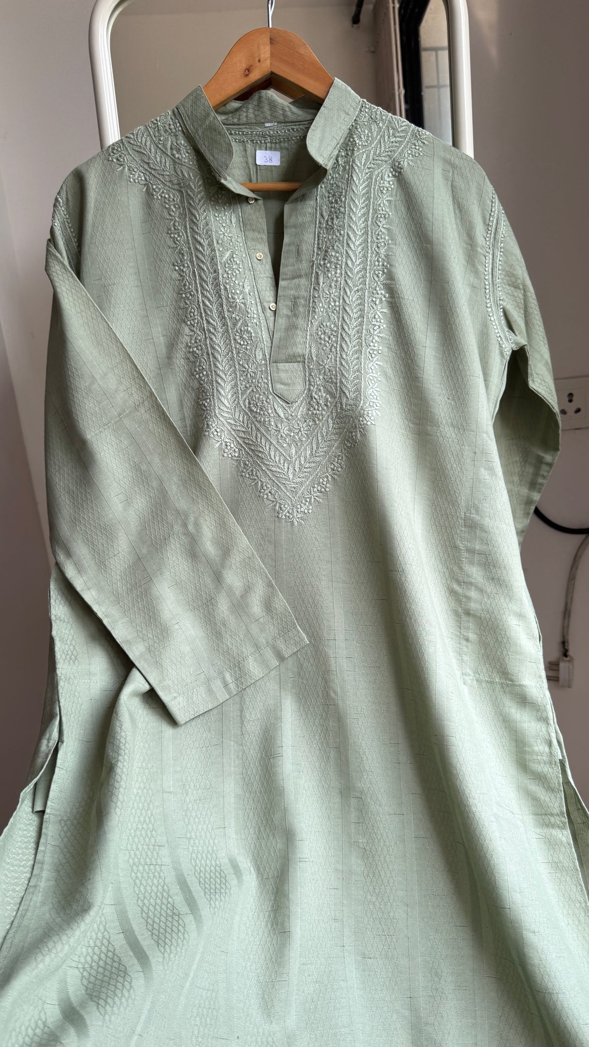 Textured Cotton Chikankari Kurta -Green - Men's Collection