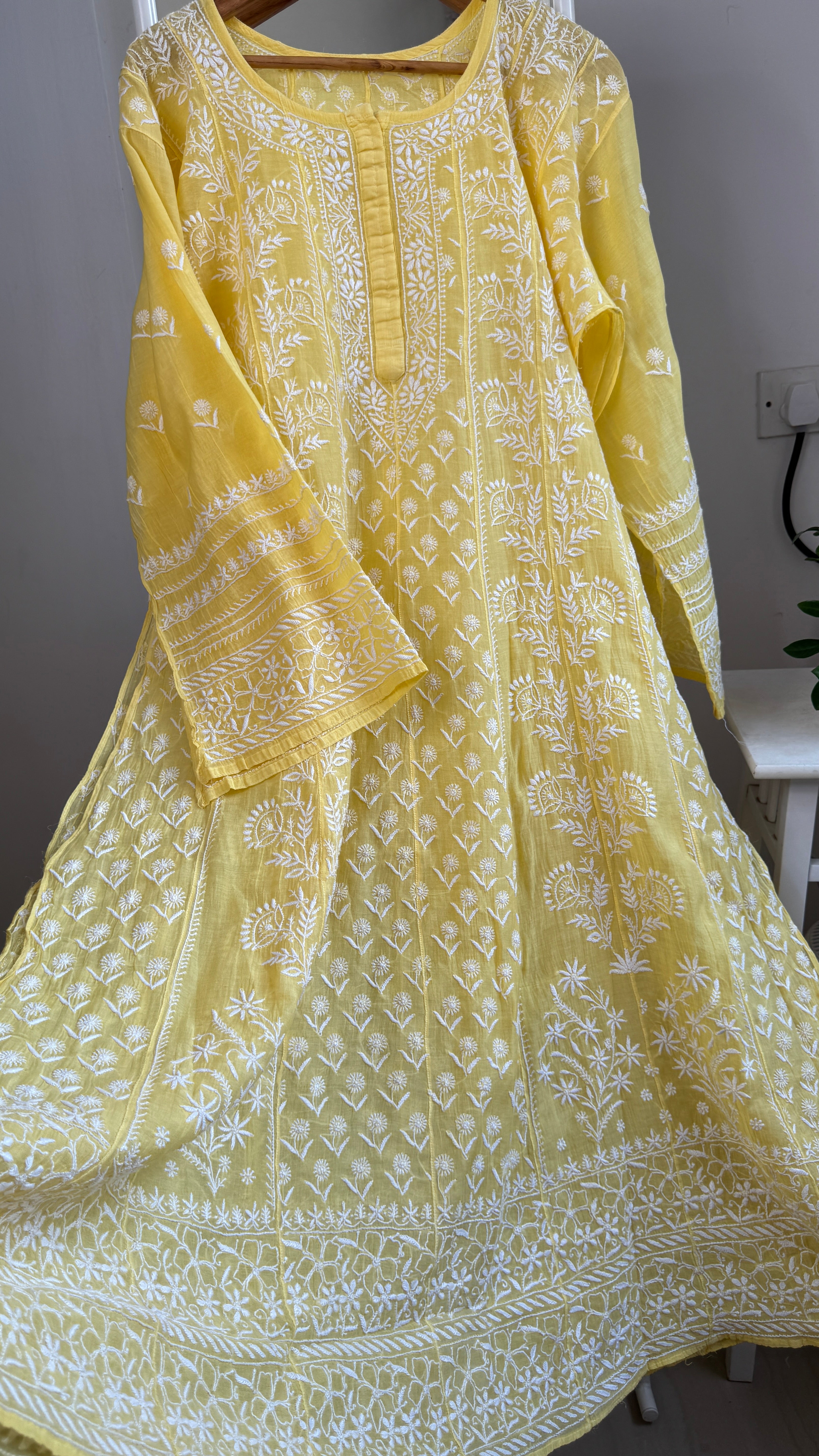 Mul Chanderi Semi-Stitched Anarkali - Yellow