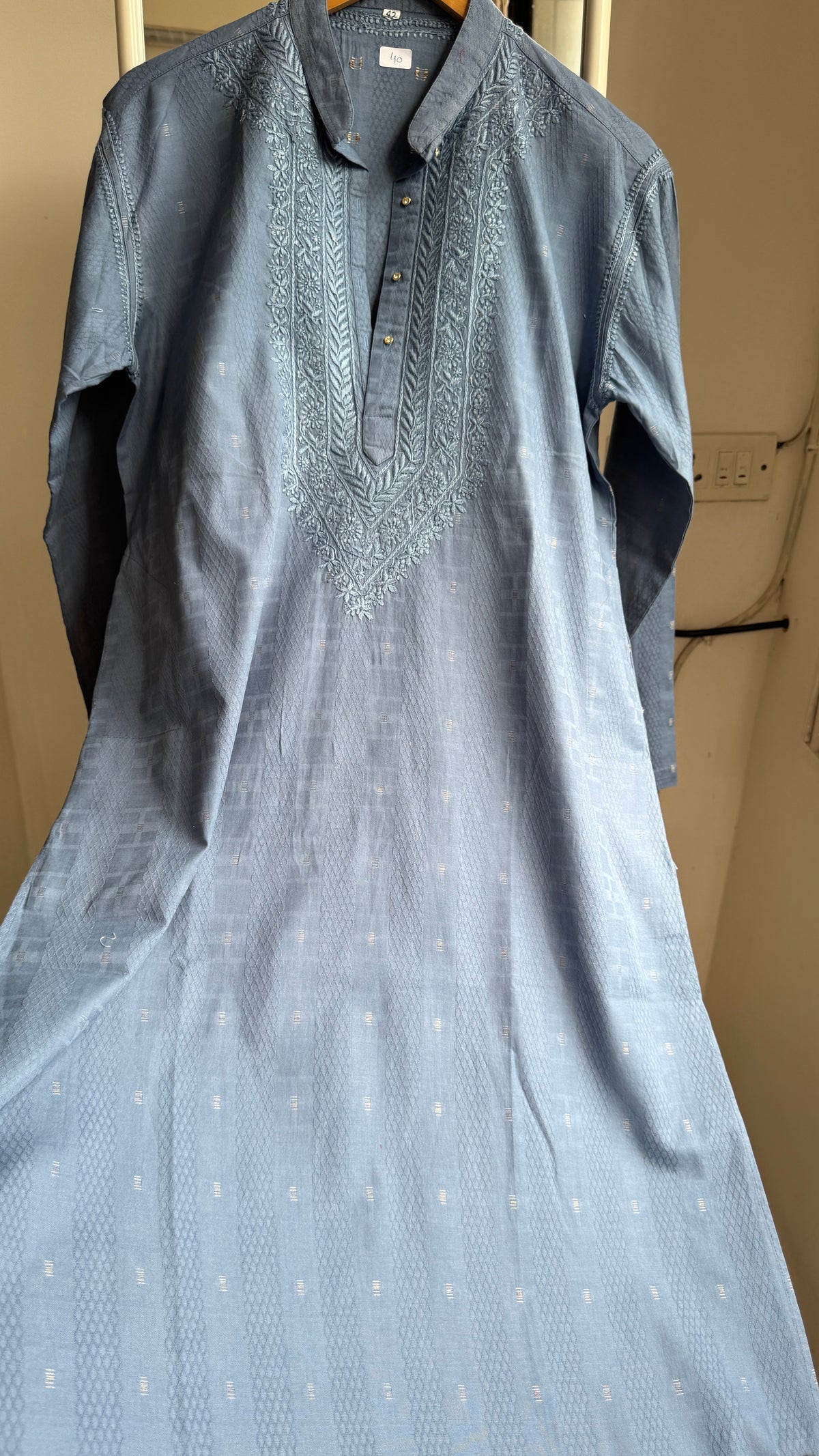 Textured Cotton Chikankari Kurta -Blue - Men's Collection (Copy)