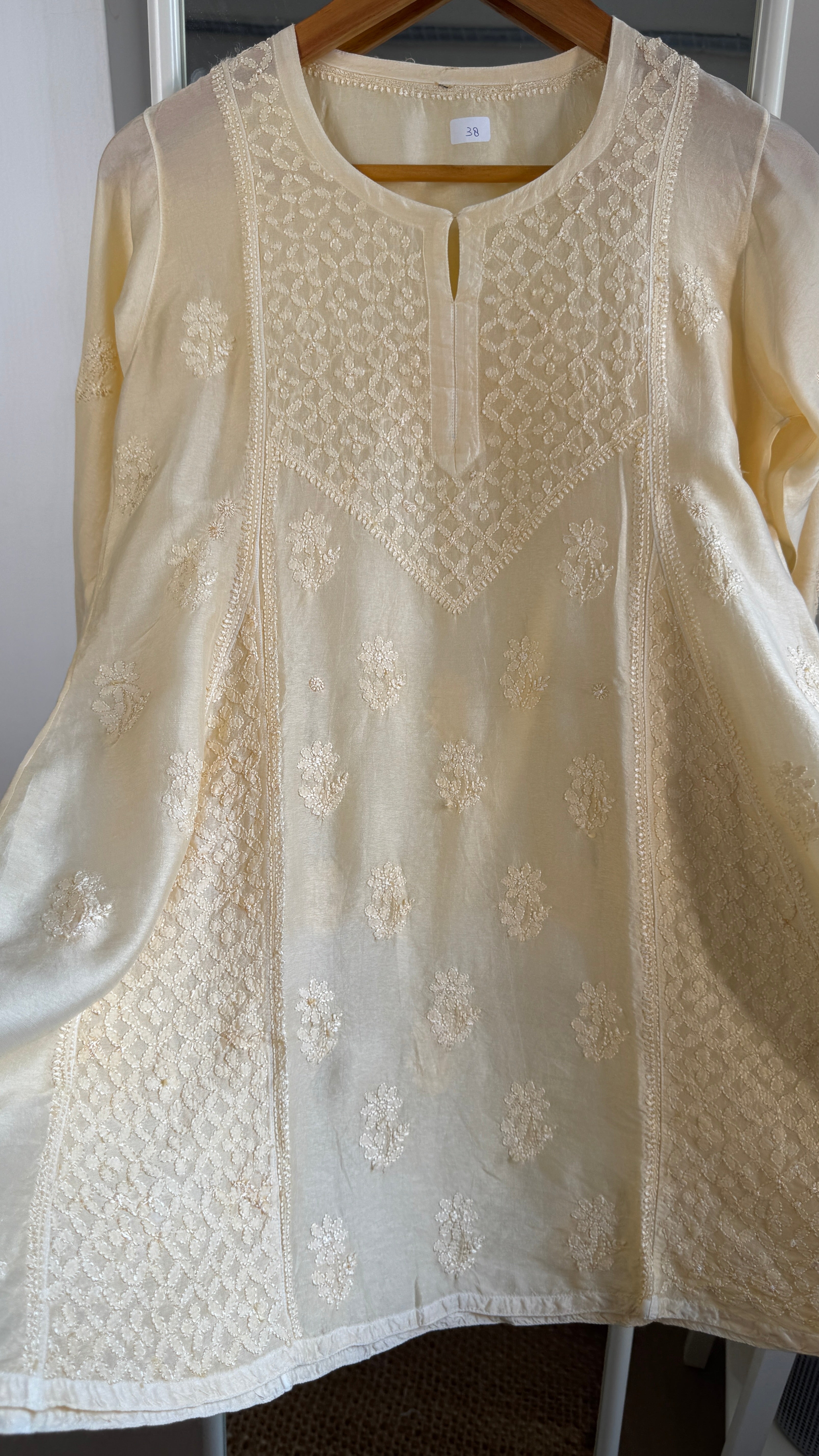 Raw Silk Chikankari kali short Top - Cream Yellow