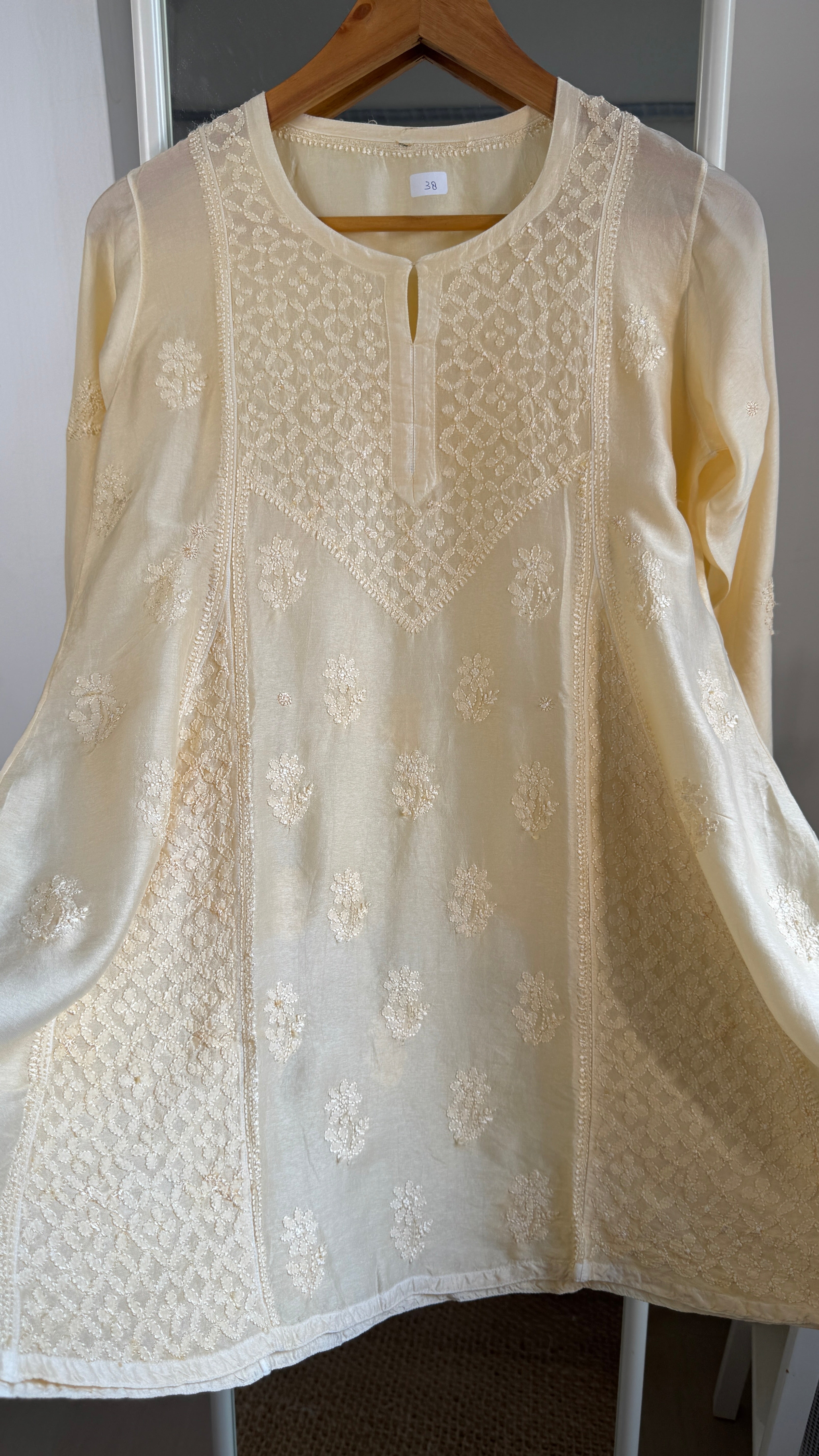 Raw Silk Chikankari kali short Top - Cream Yellow
