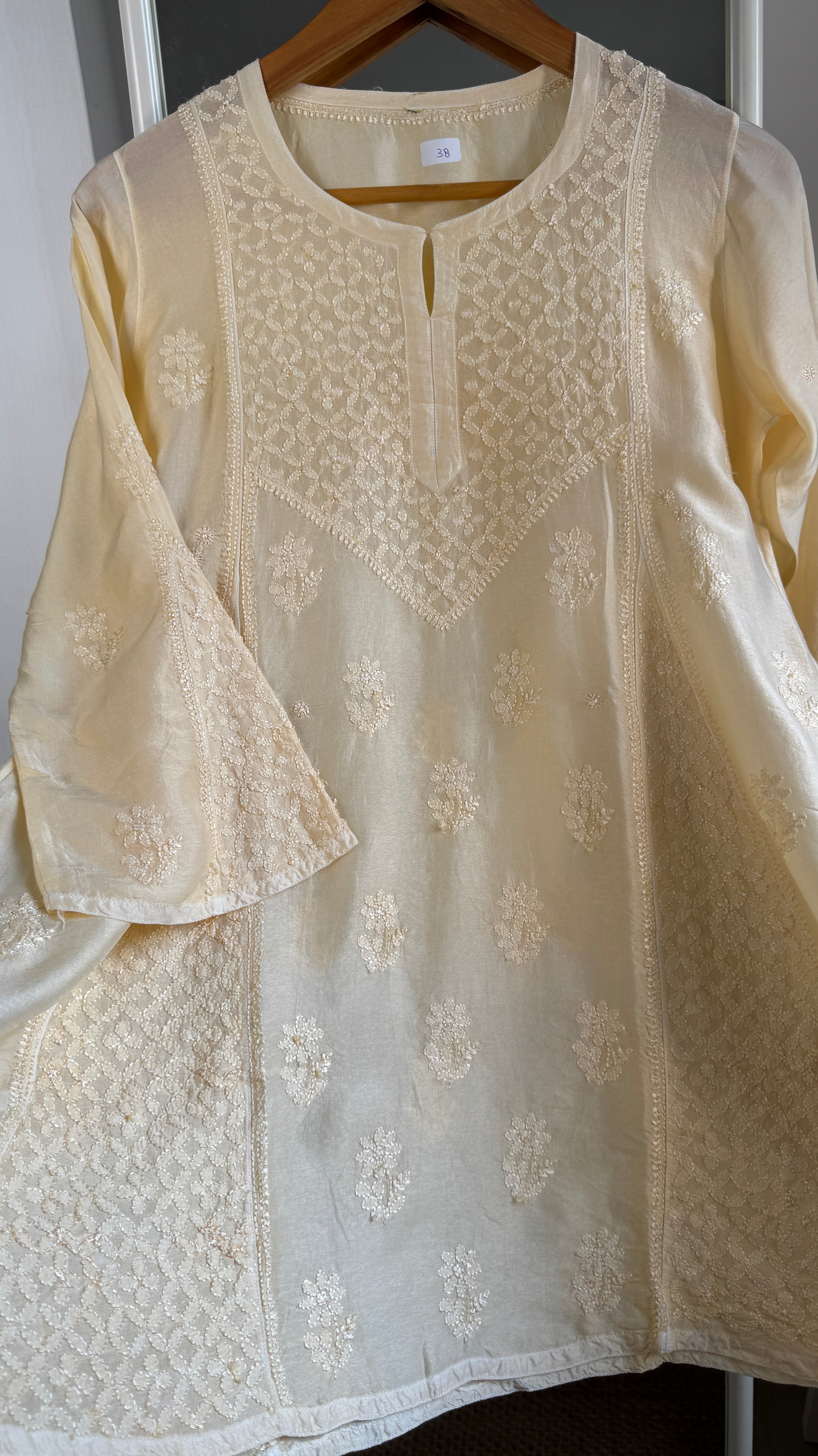 Raw Silk Chikankari kali short Top - Cream Yellow