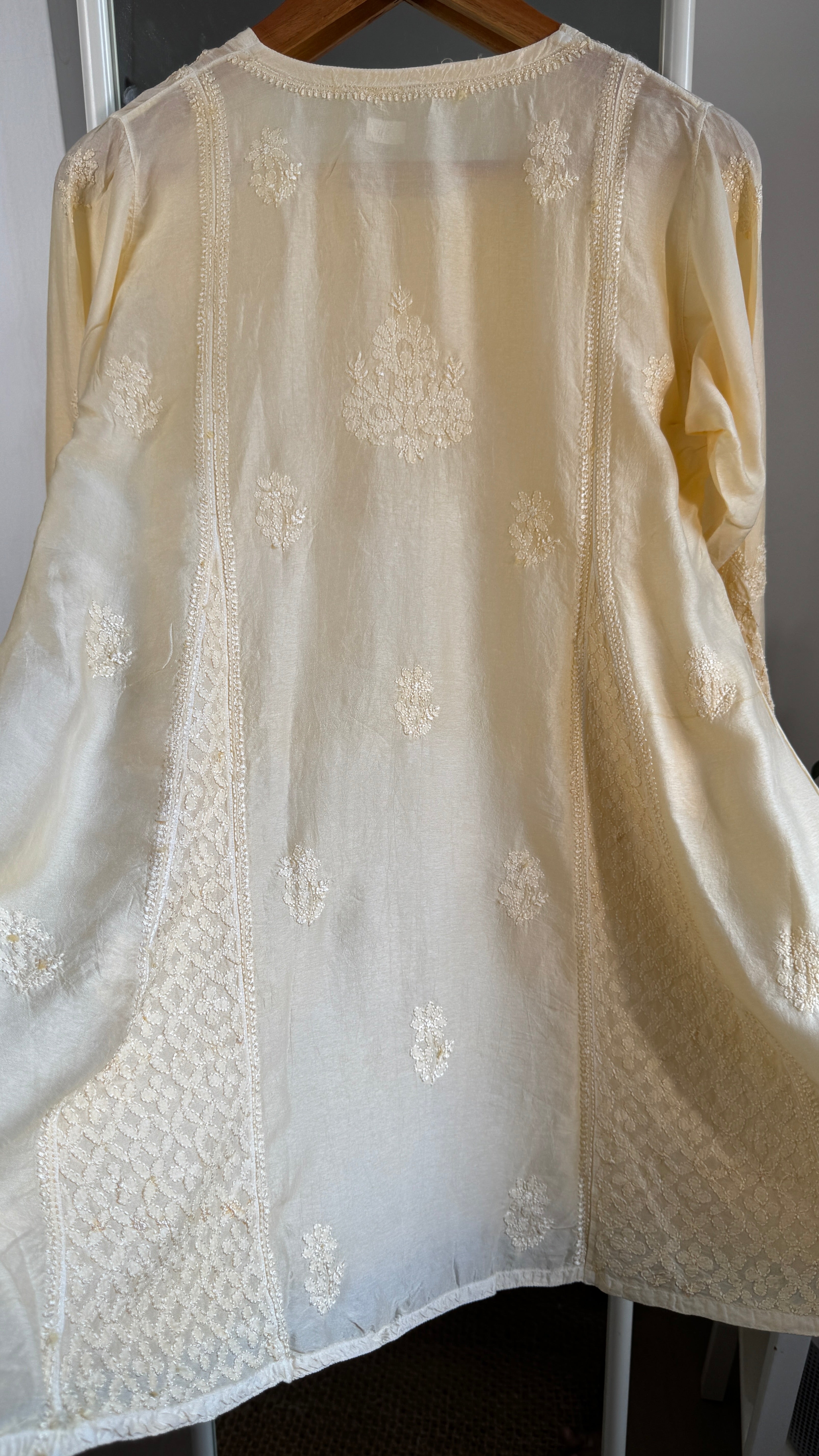 Raw Silk Chikankari kali short Top - Cream Yellow