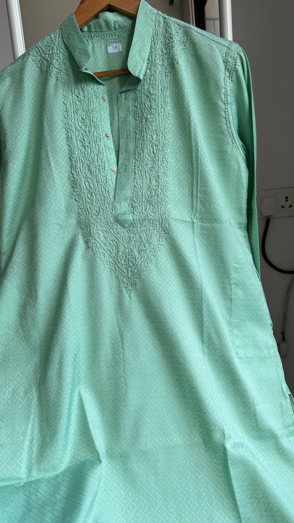 Textured Cotton Chikankari Kurta- Green