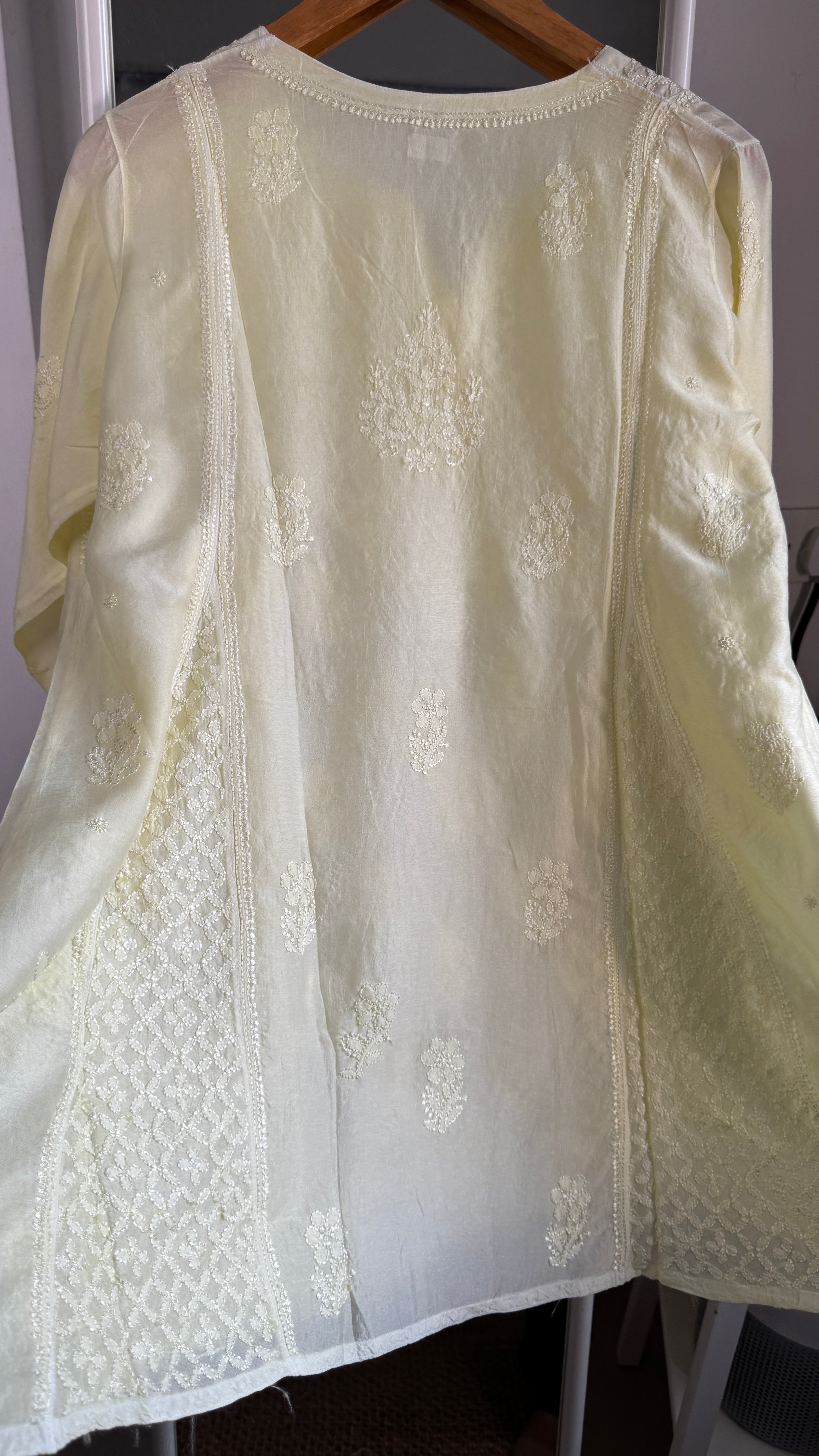 Raw Silk Chikankari kali short Top - Lemon Yellow