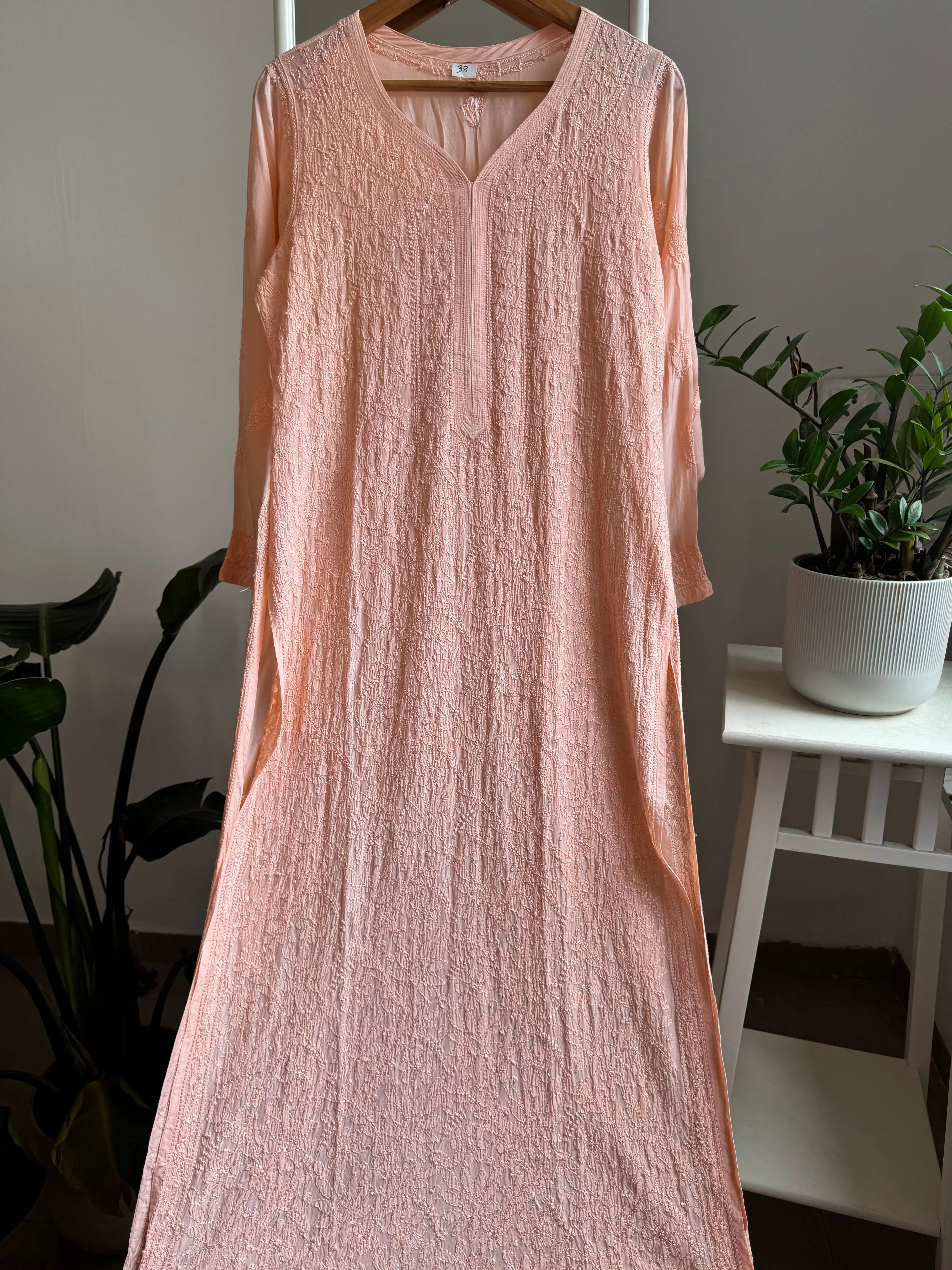 Muslin Chikankari Kurti - Peach ARIAA CHIKANKARI