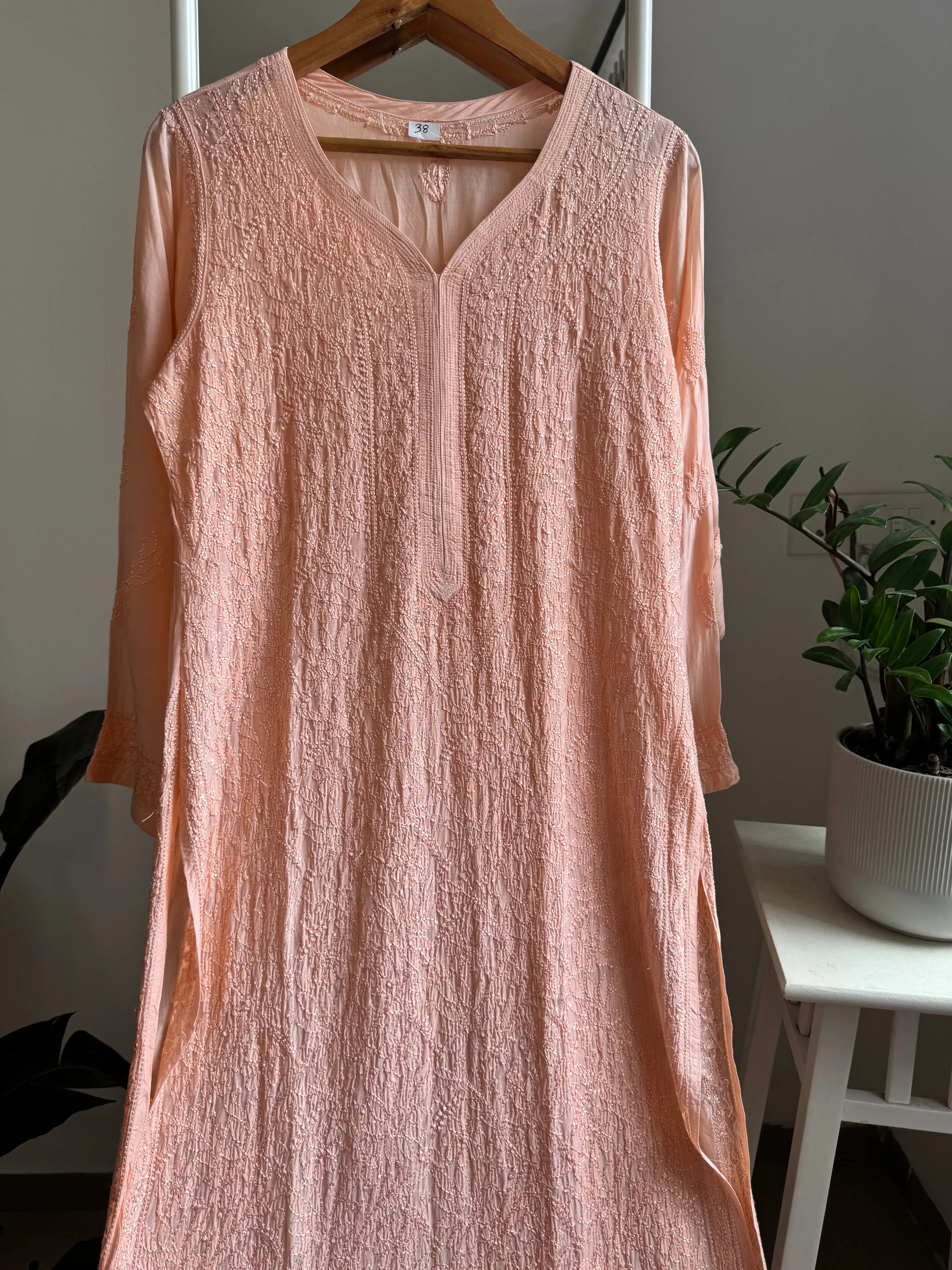 Muslin Chikankari Kurti - Peach ARIAA CHIKANKARI