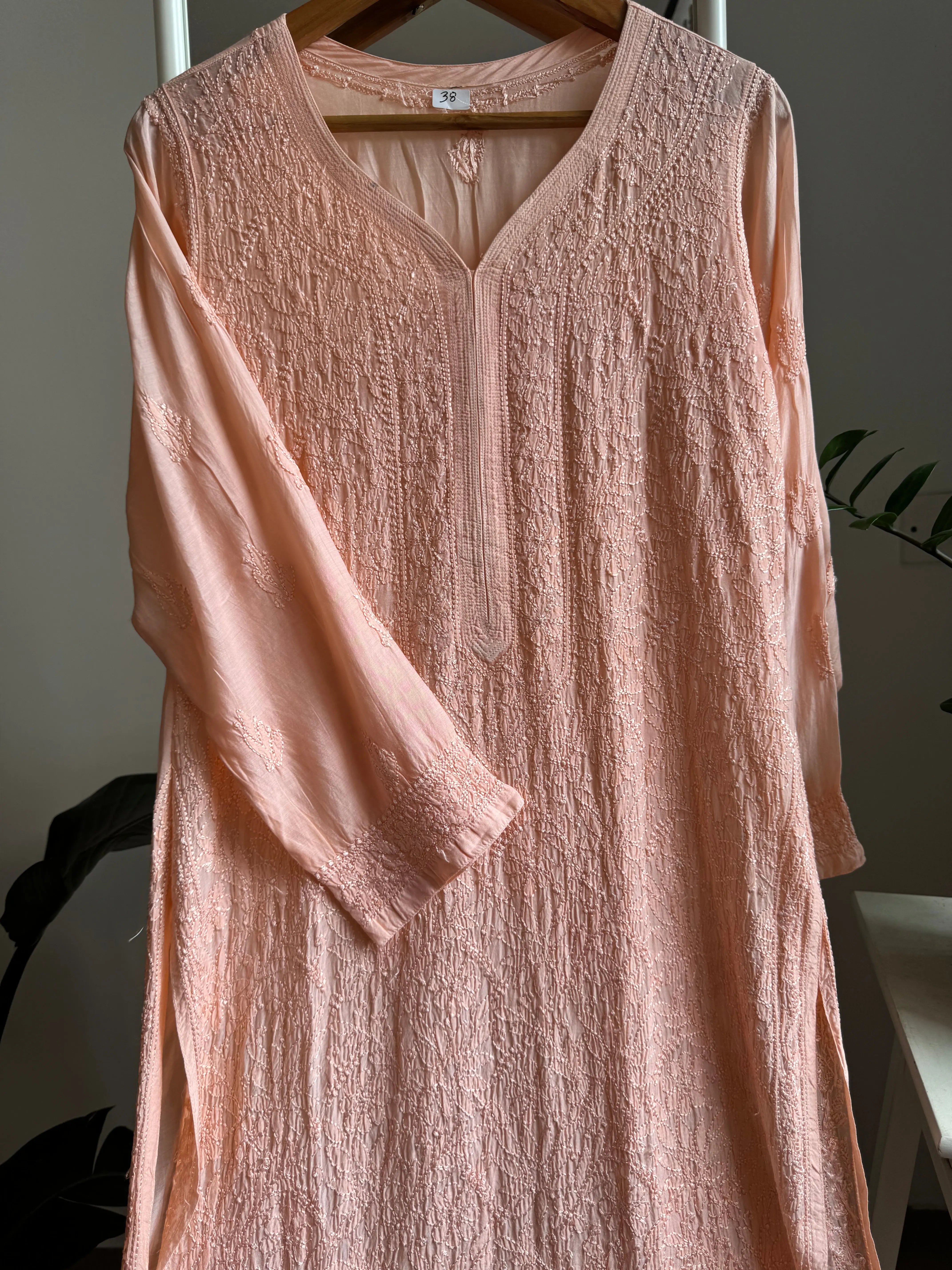 Muslin Chikankari Kurti - Peach ARIAA CHIKANKARI
