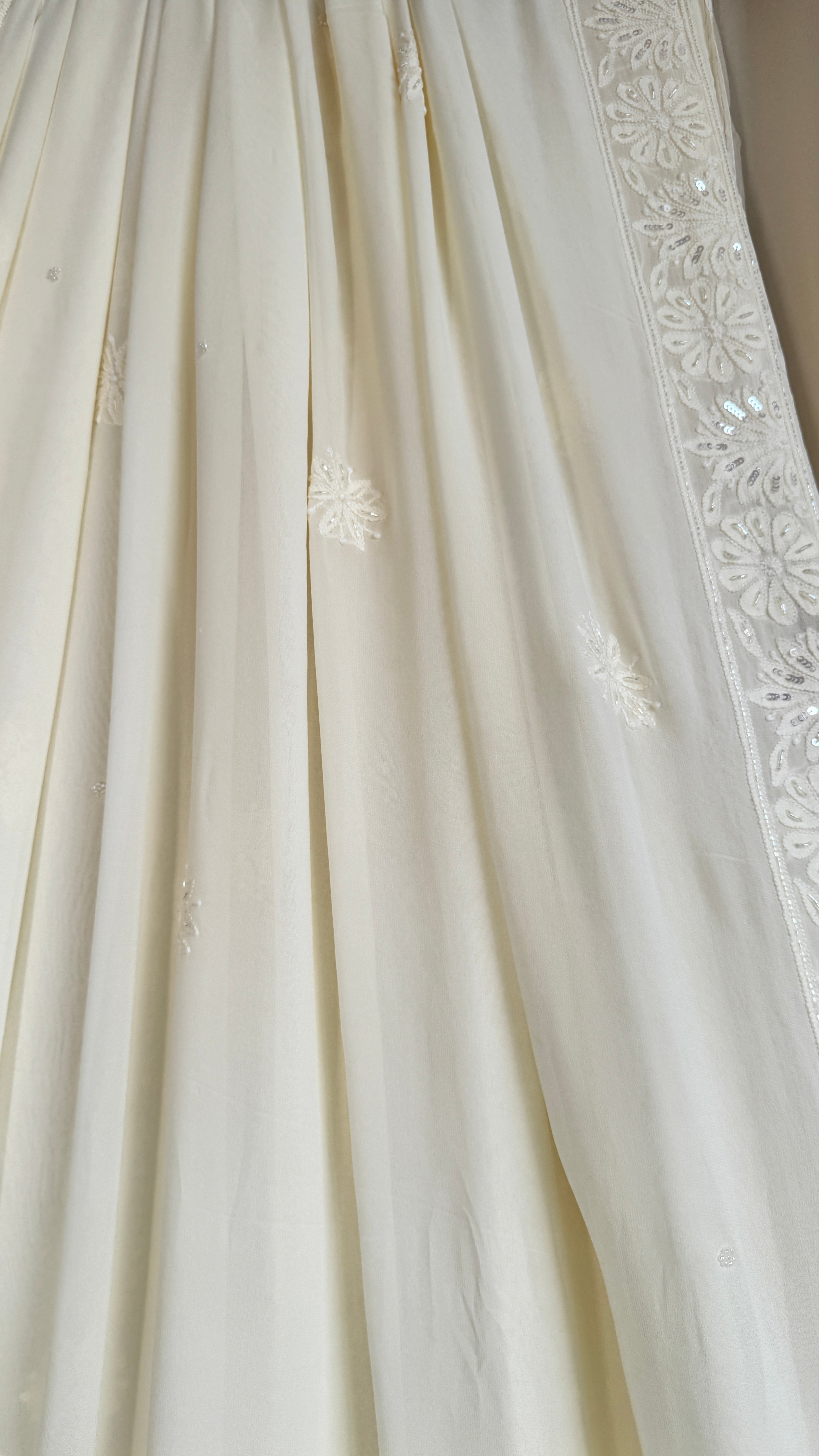 Viscose Cream Yellow Chikankari saree with Pearl embellishments