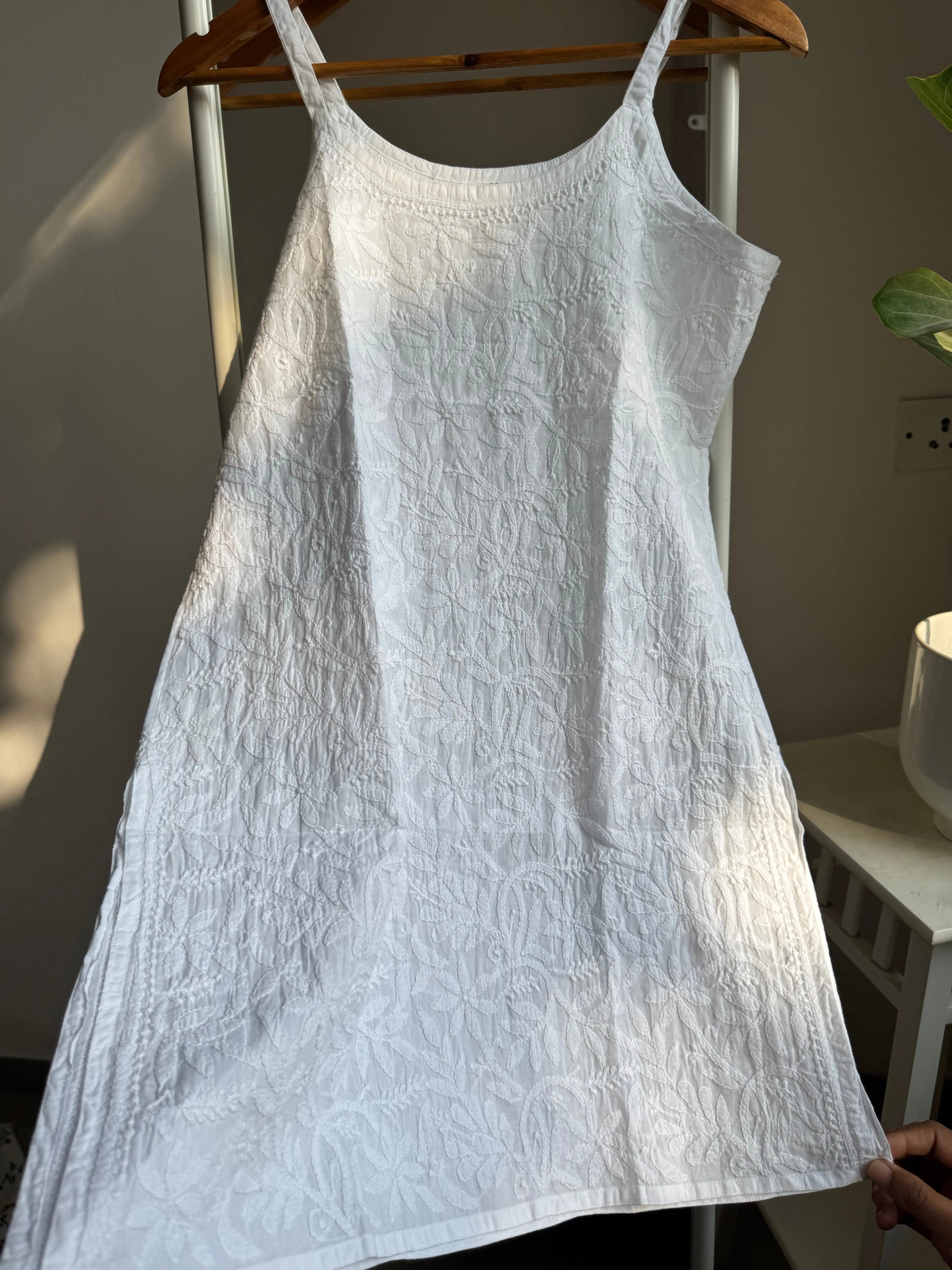 Mul Cotton Chikankari Noodle Strap short Top - White ARIAA CHIKANKARI