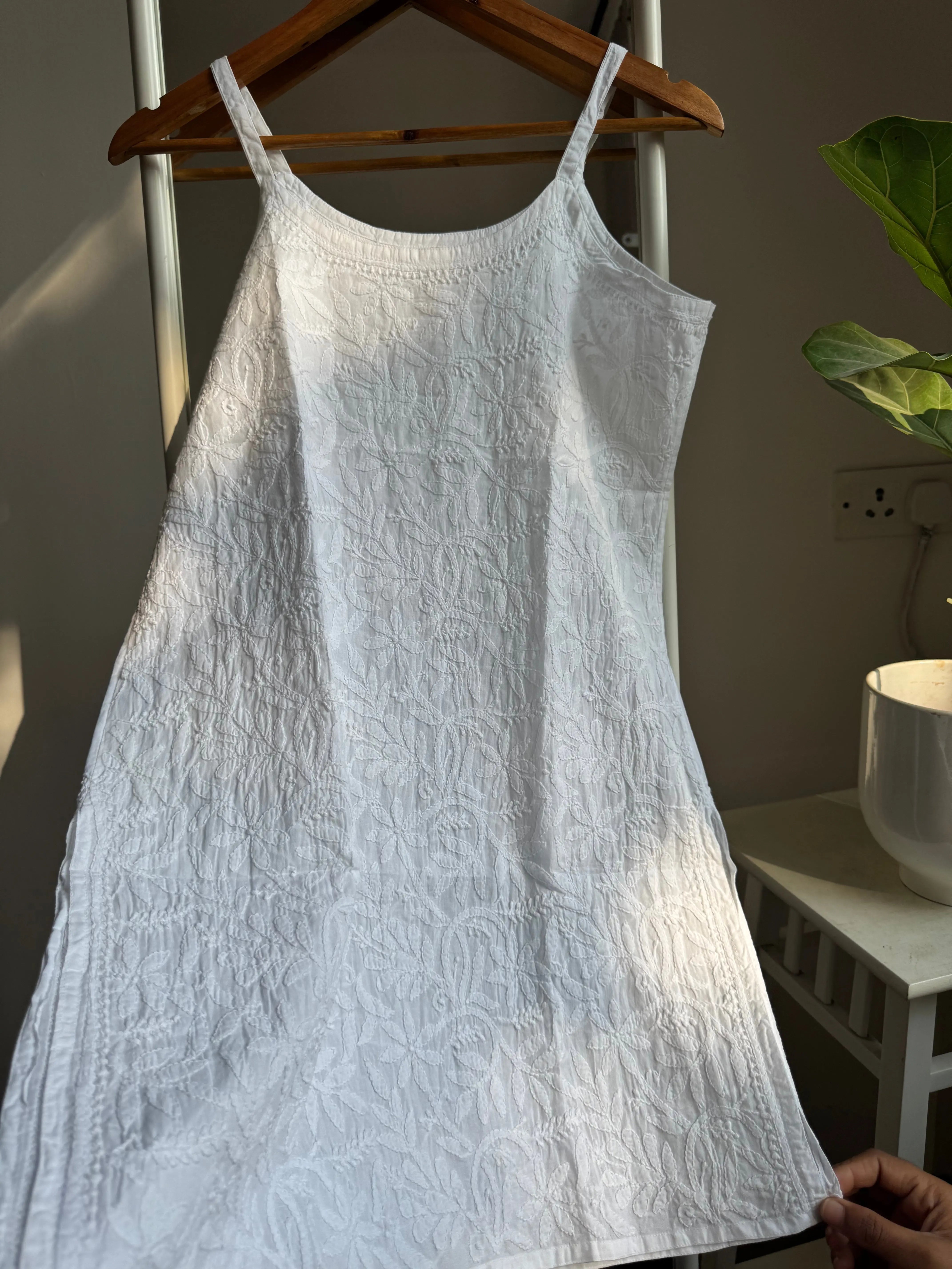 Mul Cotton Chikankari Noodle Strap short Top - White ARIAA CHIKANKARI
