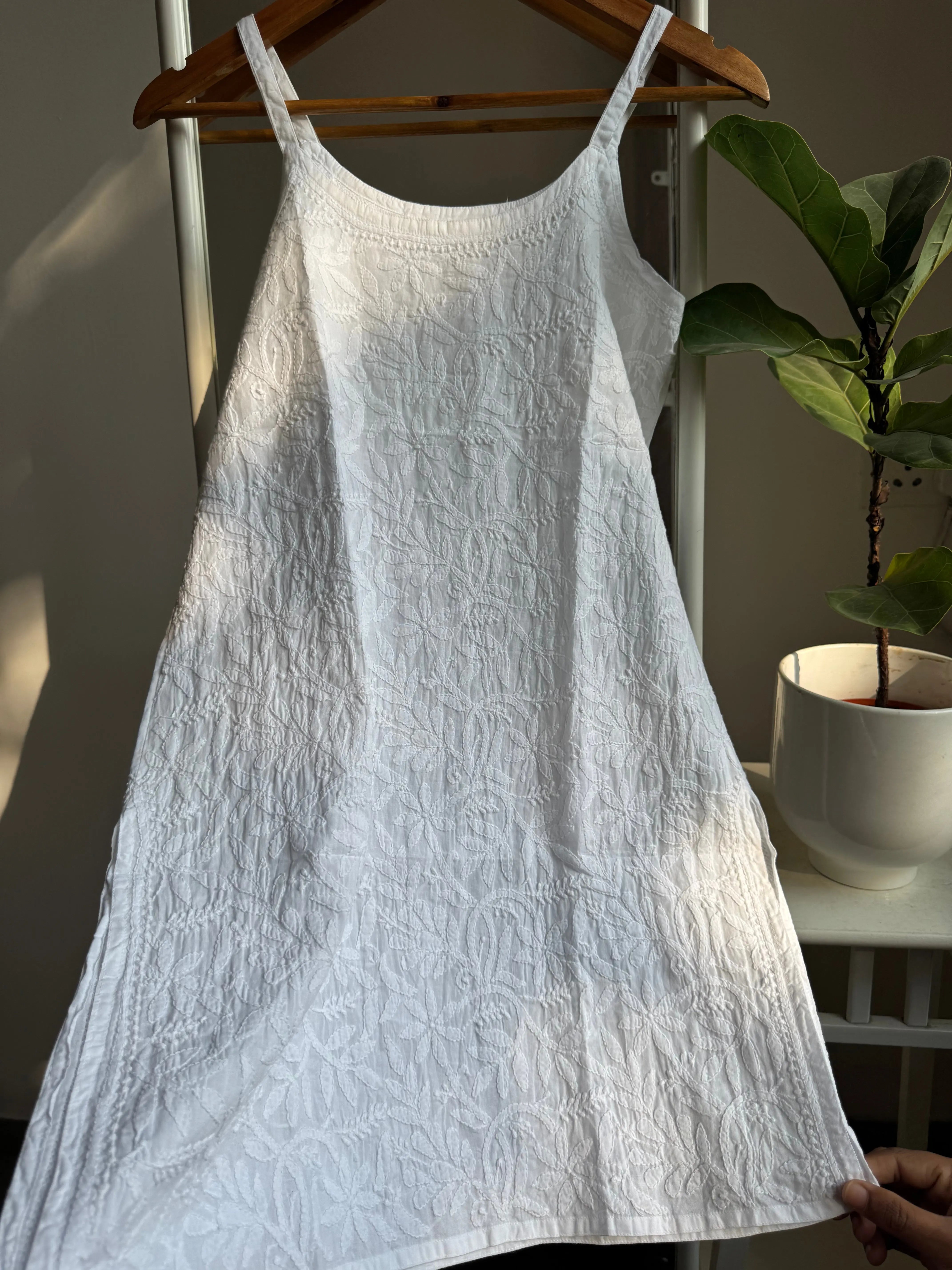 Mul Cotton Chikankari Noodle Strap short Top - White ARIAA CHIKANKARI