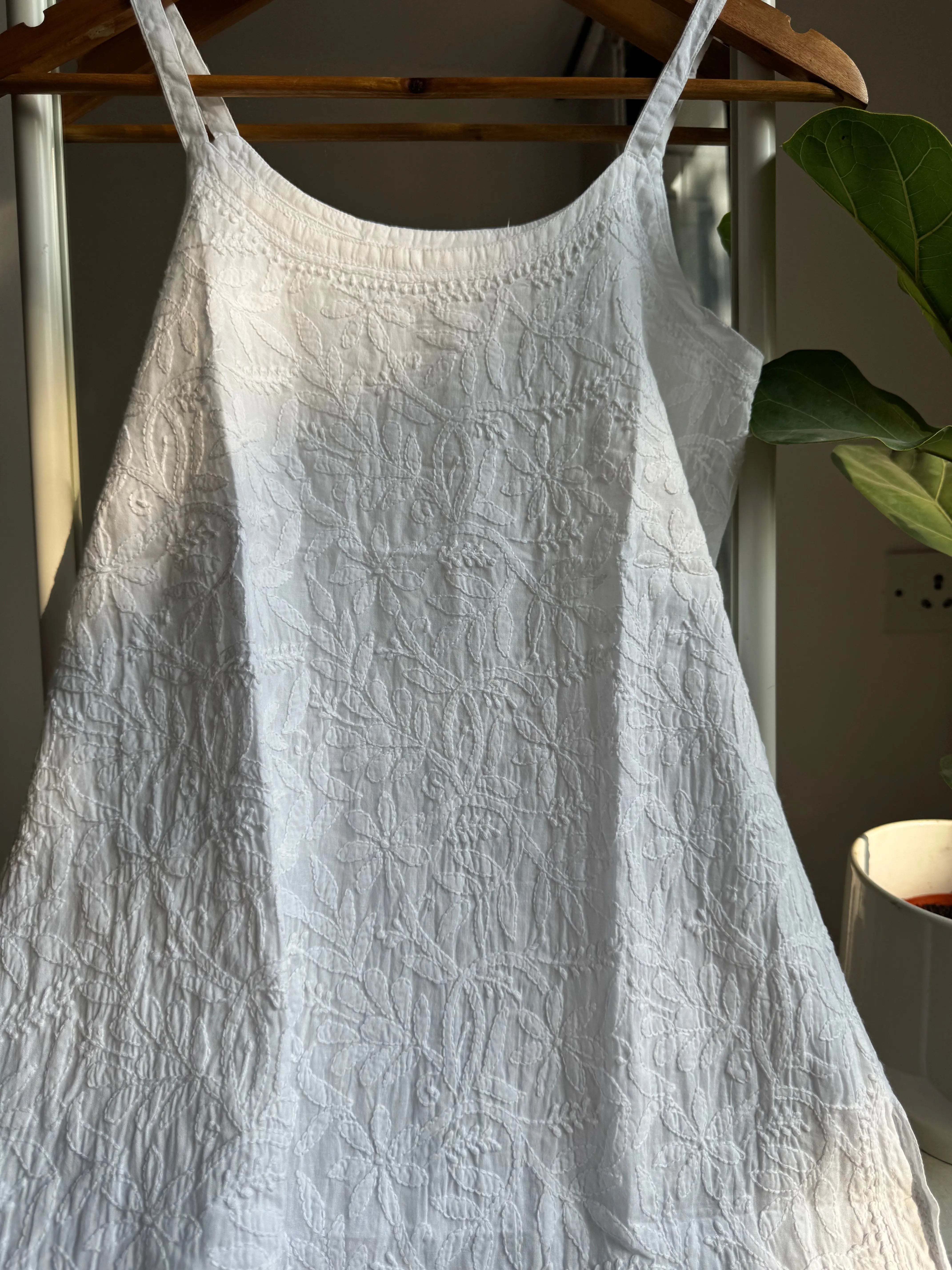 Mul Cotton Chikankari Noodle Strap short Top - White ARIAA CHIKANKARI