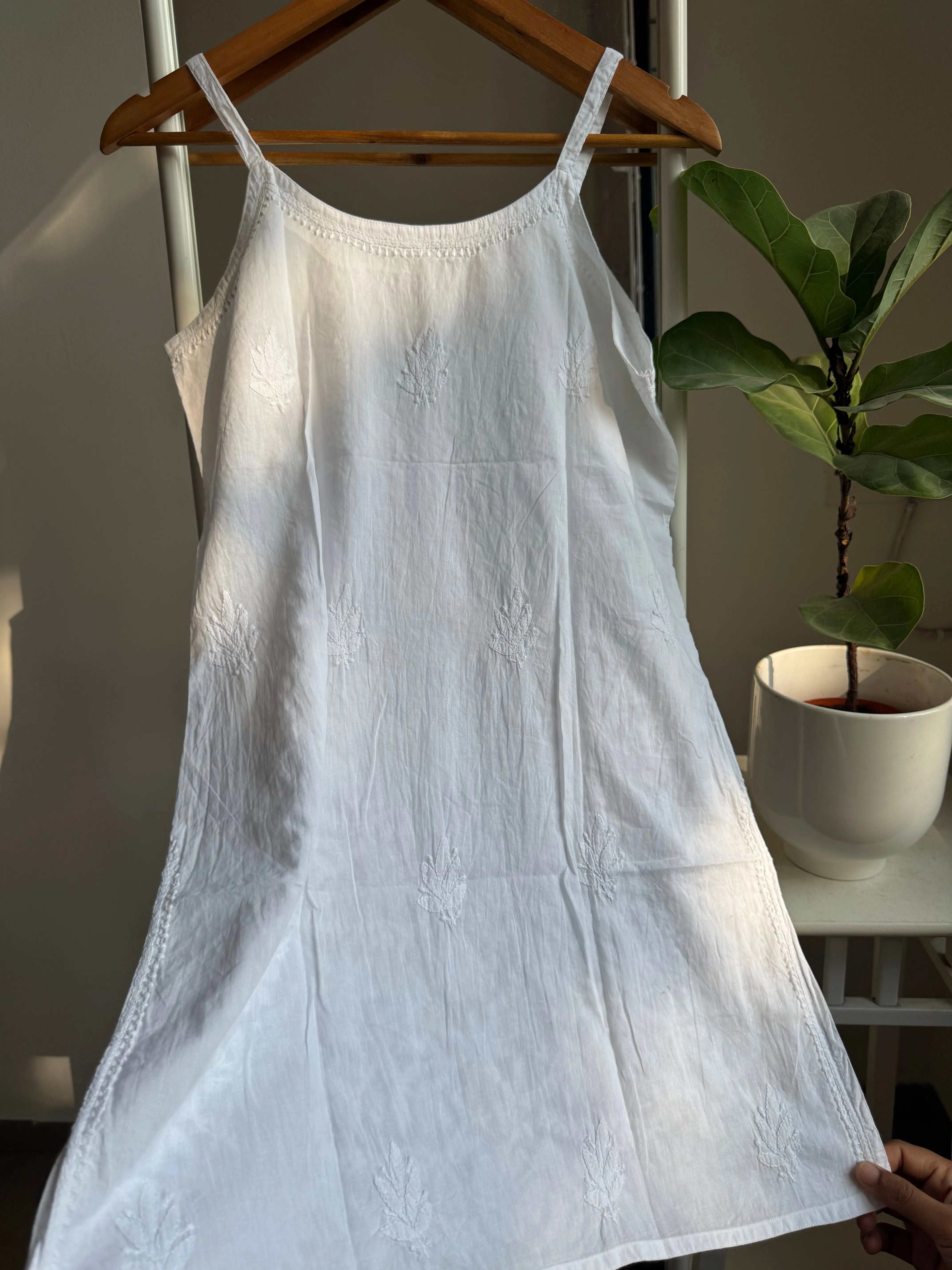 Mul Cotton Chikankari Noodle Strap short Top - White ARIAA CHIKANKARI