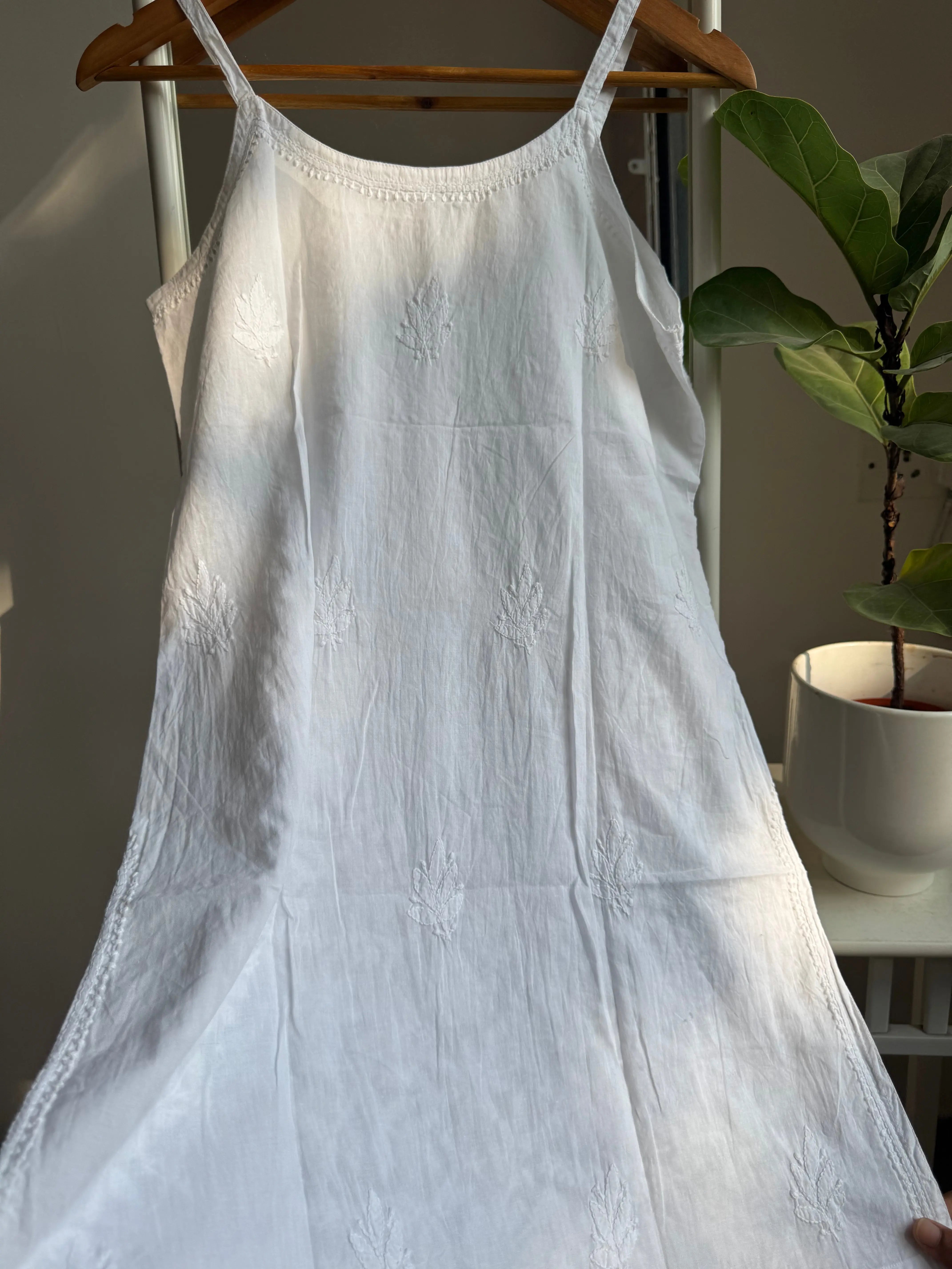 Mul Cotton Chikankari Noodle Strap short Top - White ARIAA CHIKANKARI