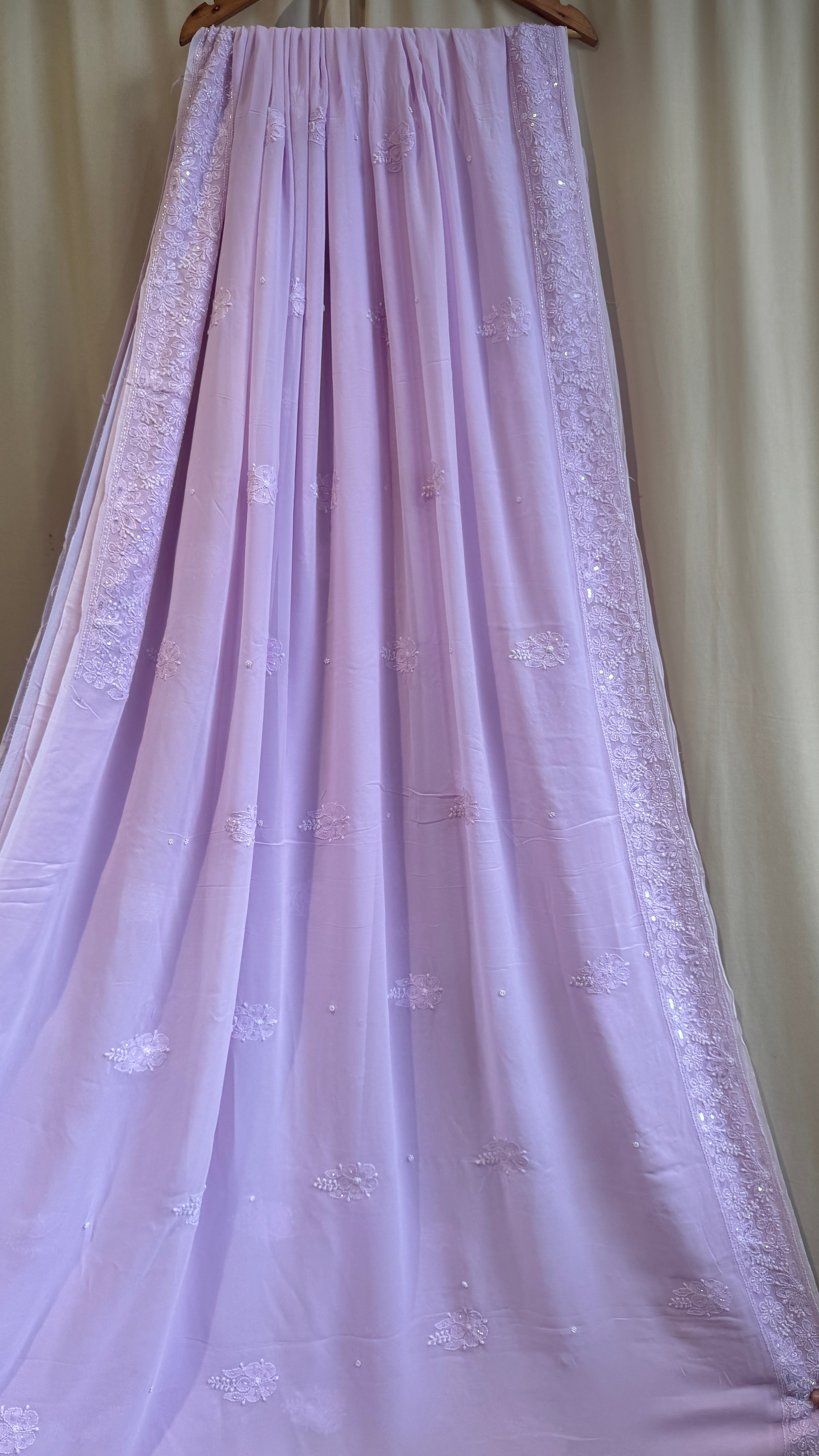 Viscose Lilac Chikankari saree with Pearl embellishments