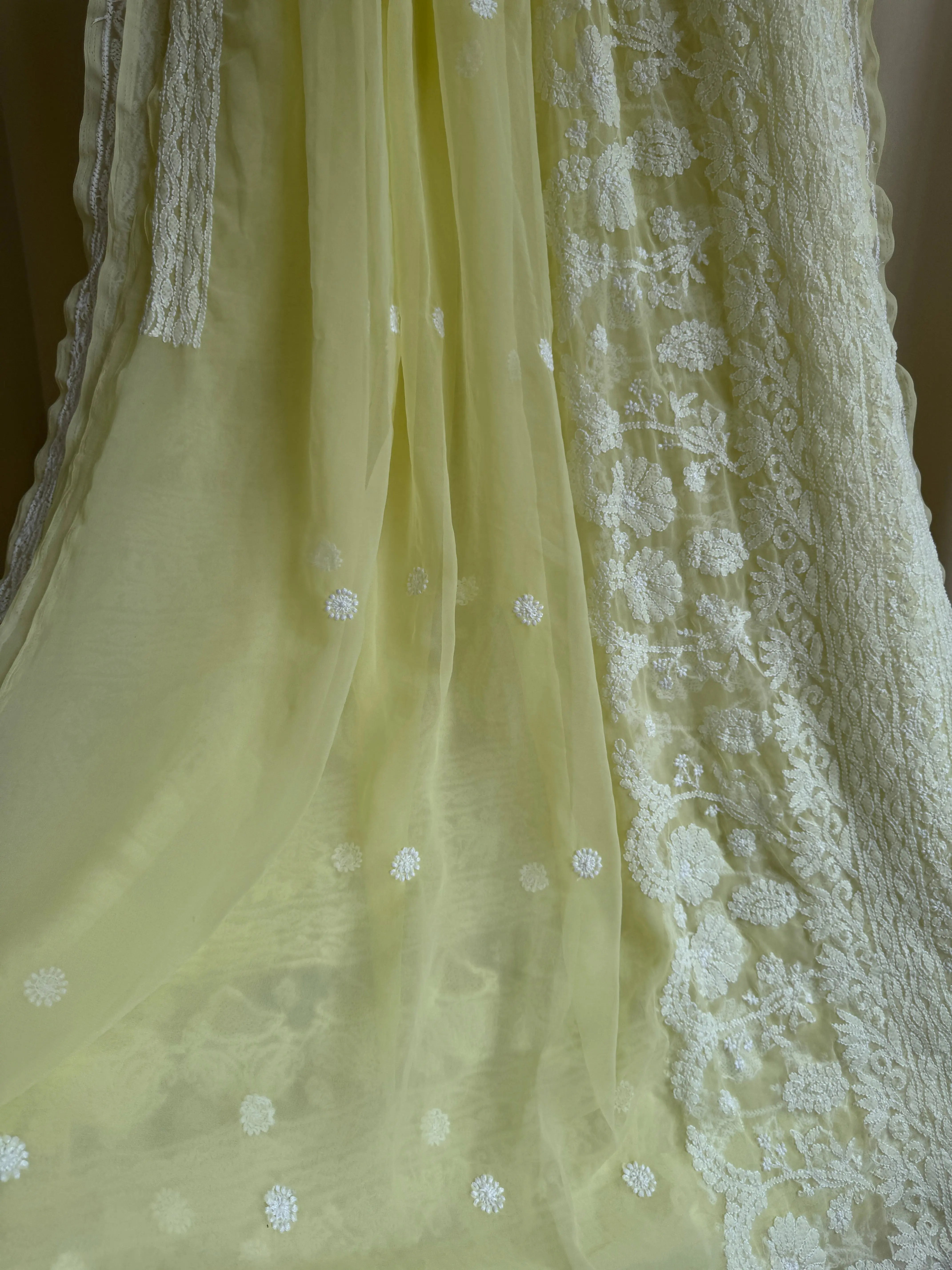 Georgette Chikankari saree in Lemon Yellow ARIAA CHIKANKARI