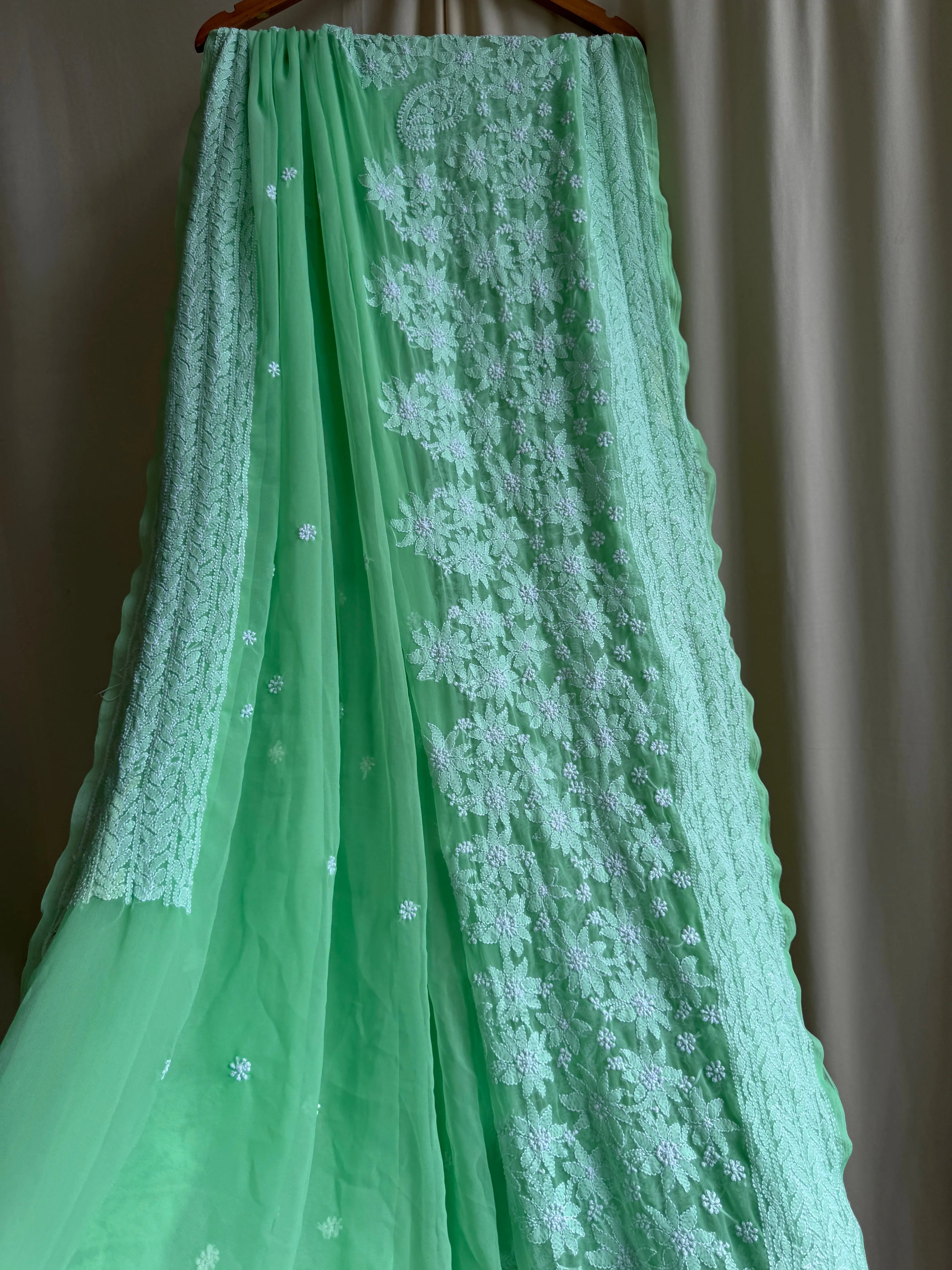 Georgette Chikankari saree in Green ARIAA CHIKANKARI