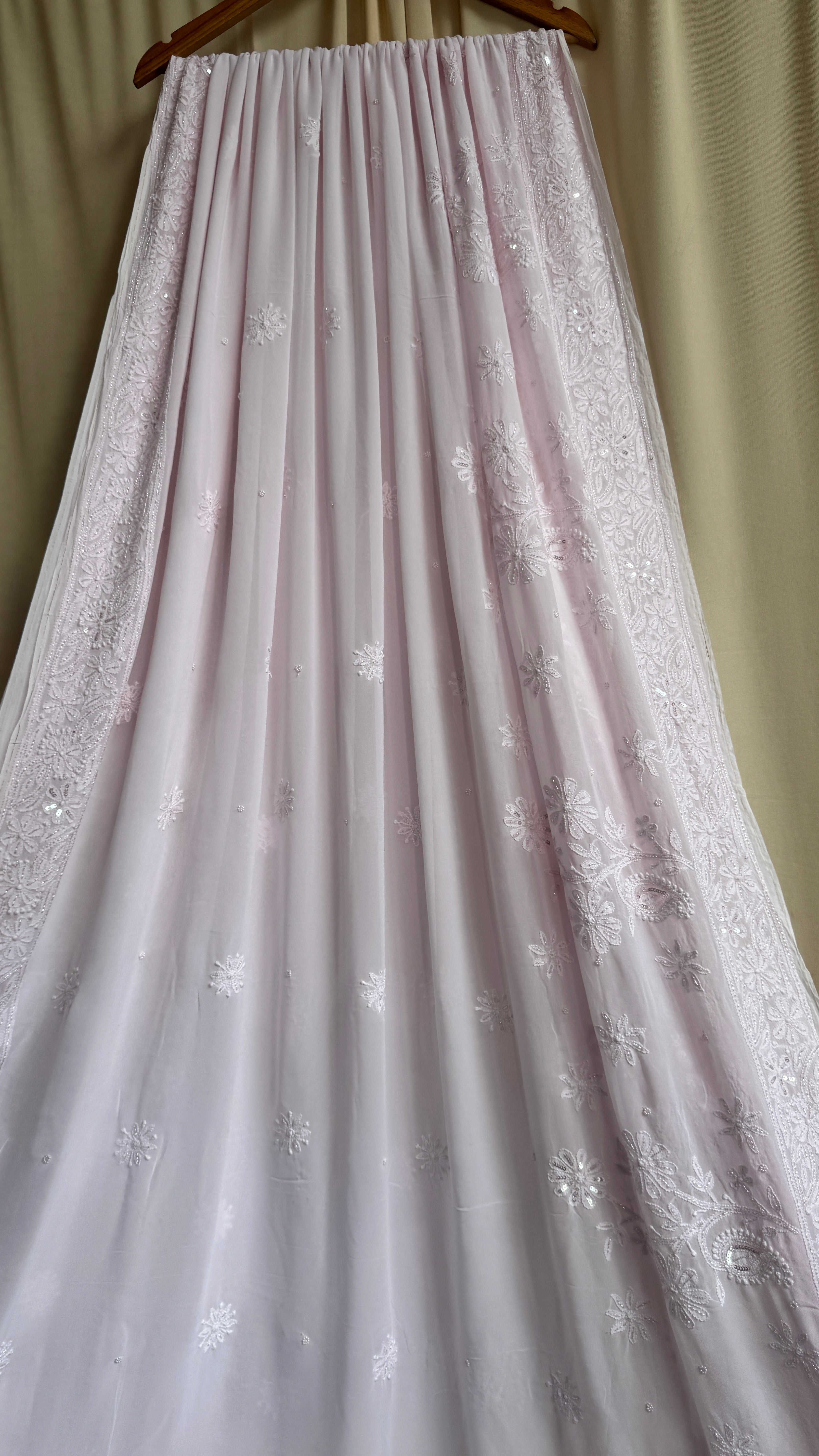 Viscose Baby Pink Chikankari saree with Pearl embellishments