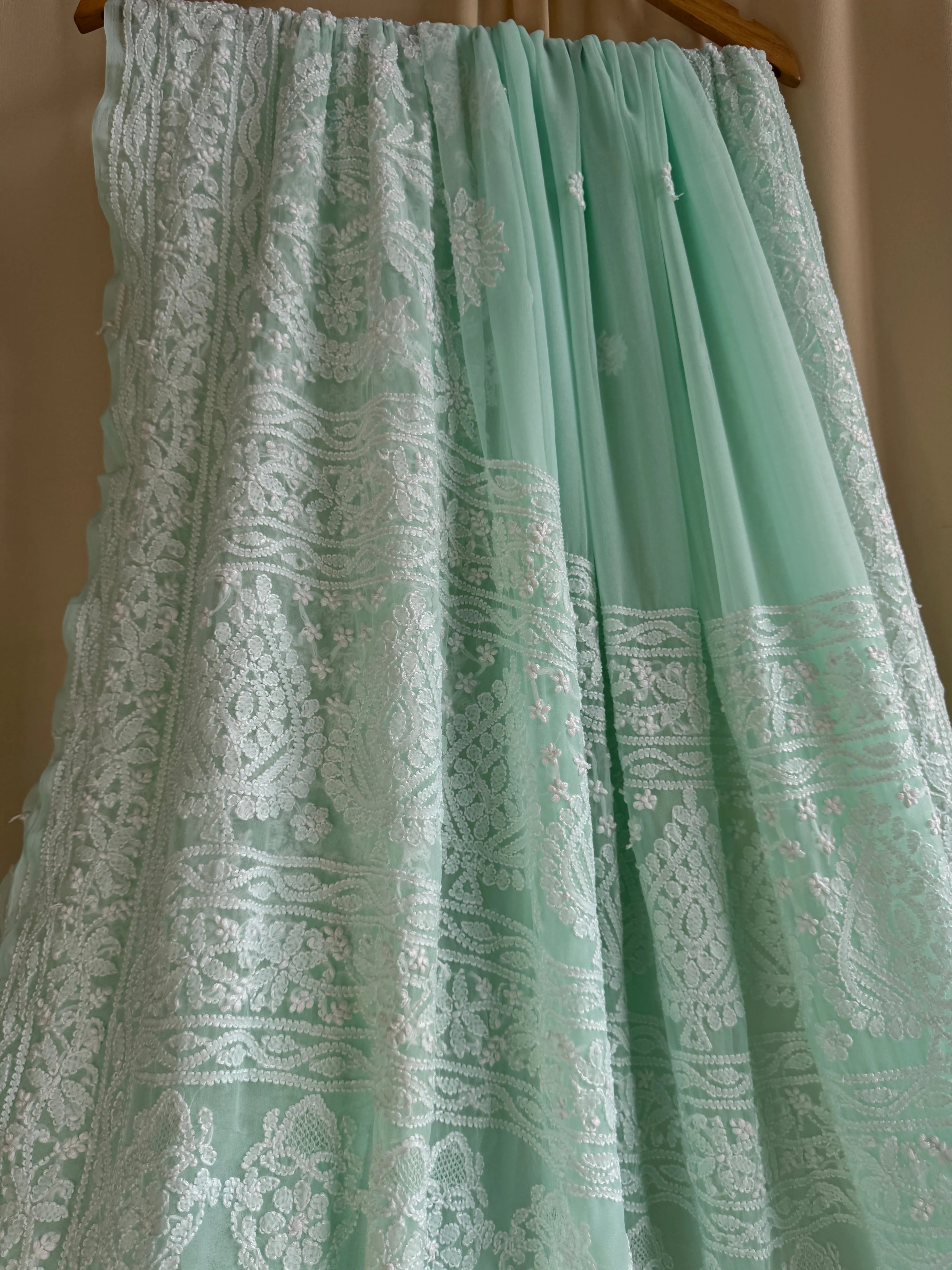 Georgette Chikankari saree in Sea Green ARIAA CHIKANKARI