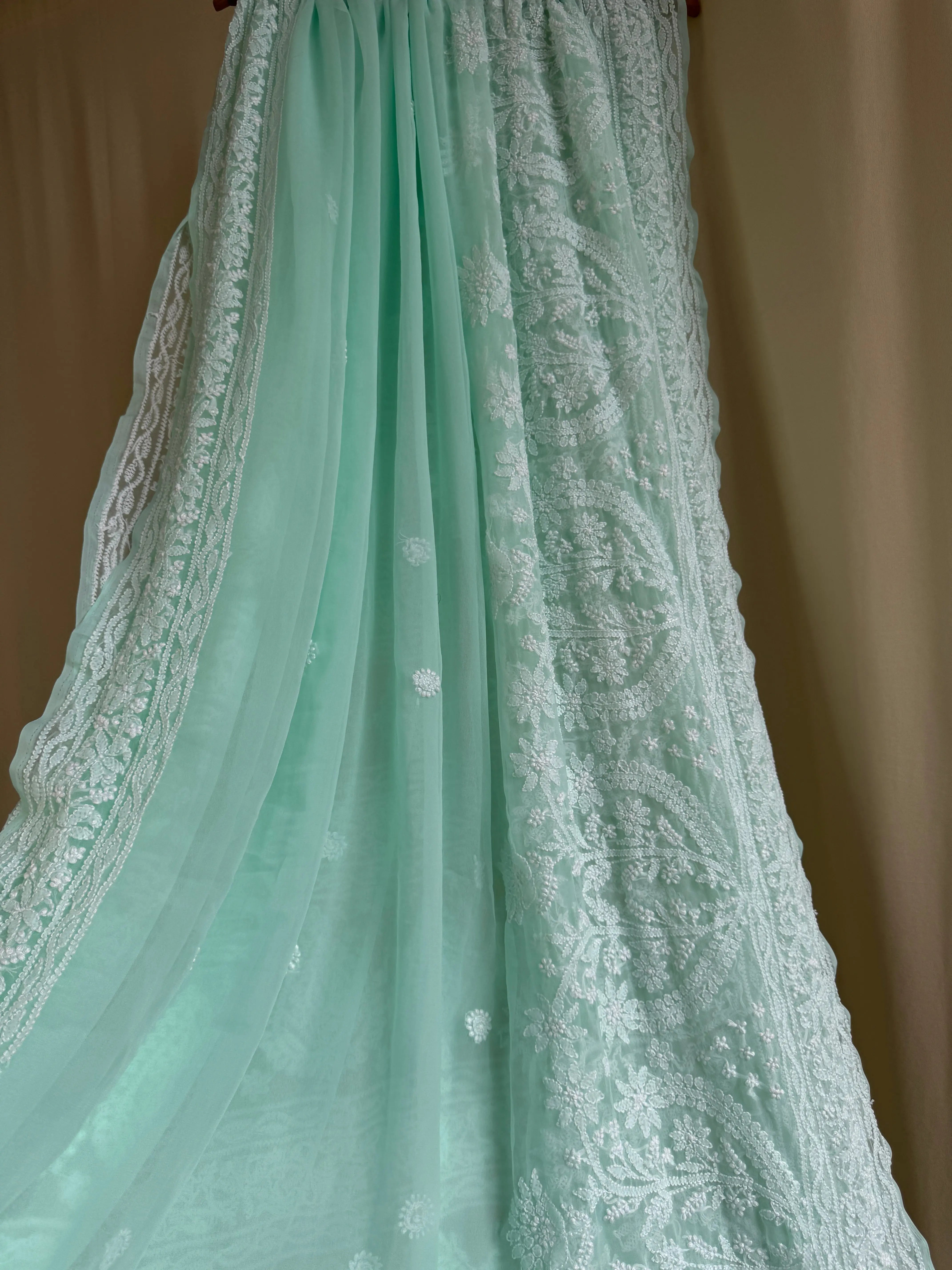 Georgette Chikankari saree in Sea Green ARIAA CHIKANKARI