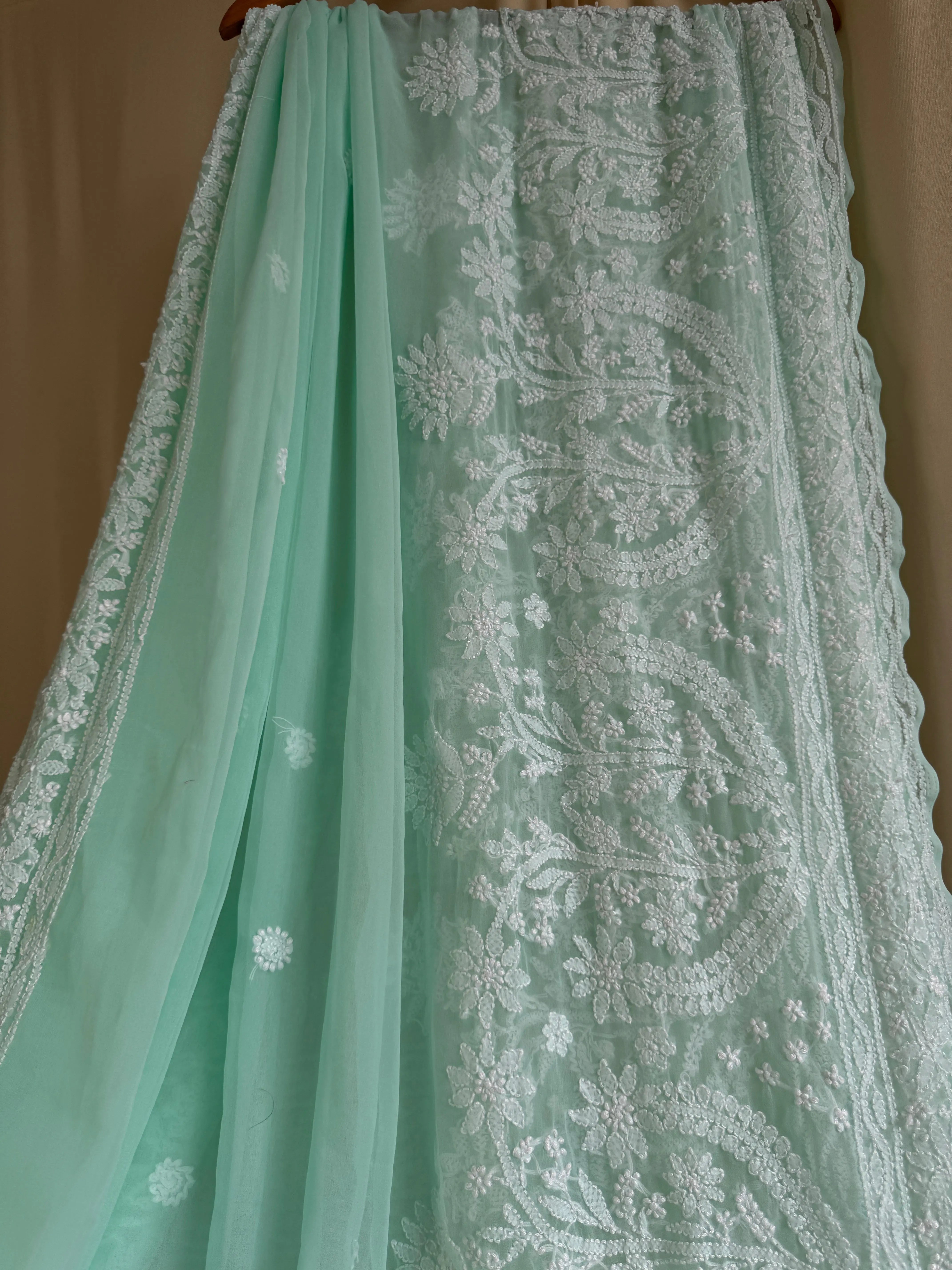 Georgette Chikankari saree in Sea Green ARIAA CHIKANKARI
