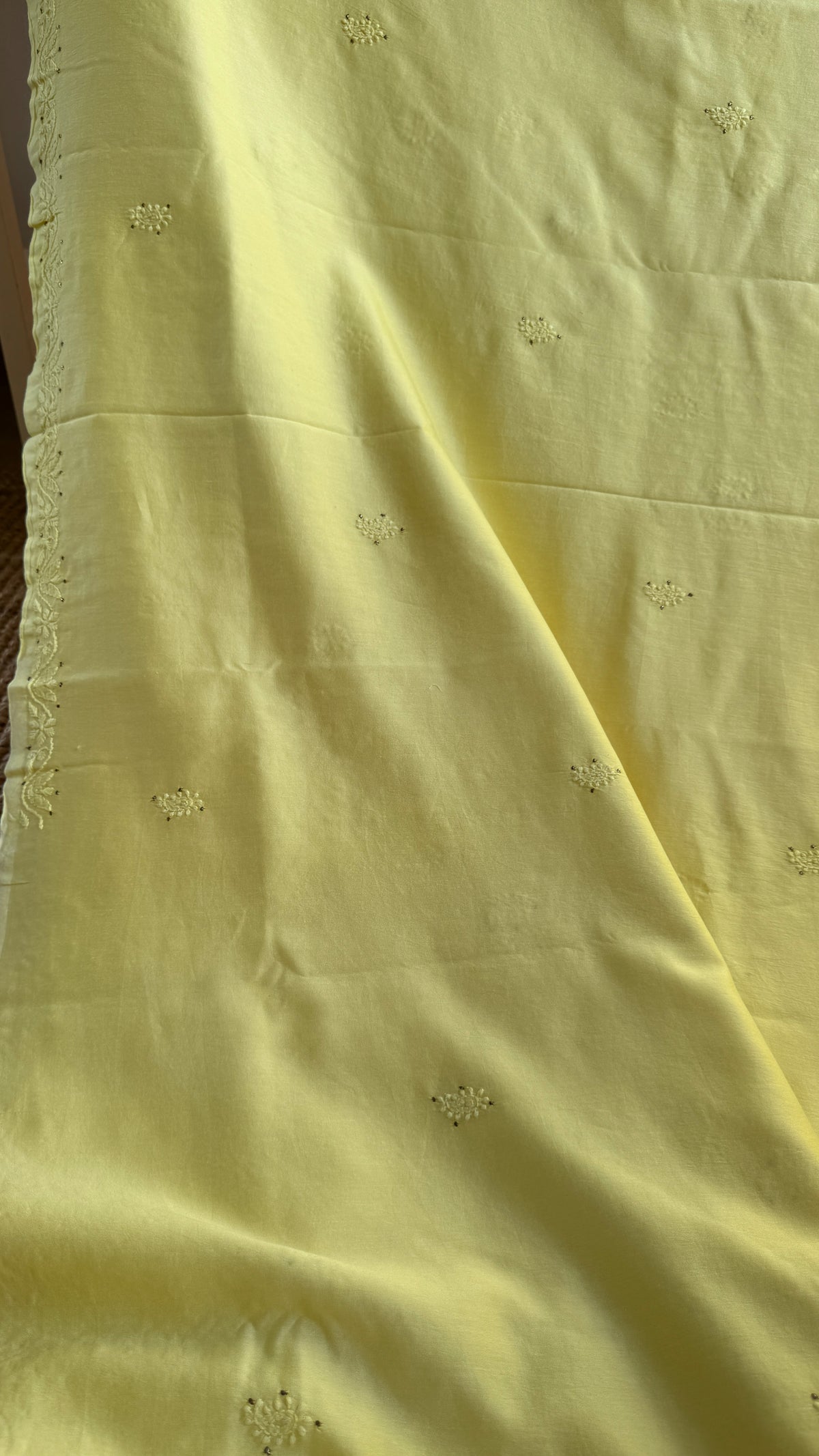 Pure Chanderi Chikankari saree in Lemon Yellow