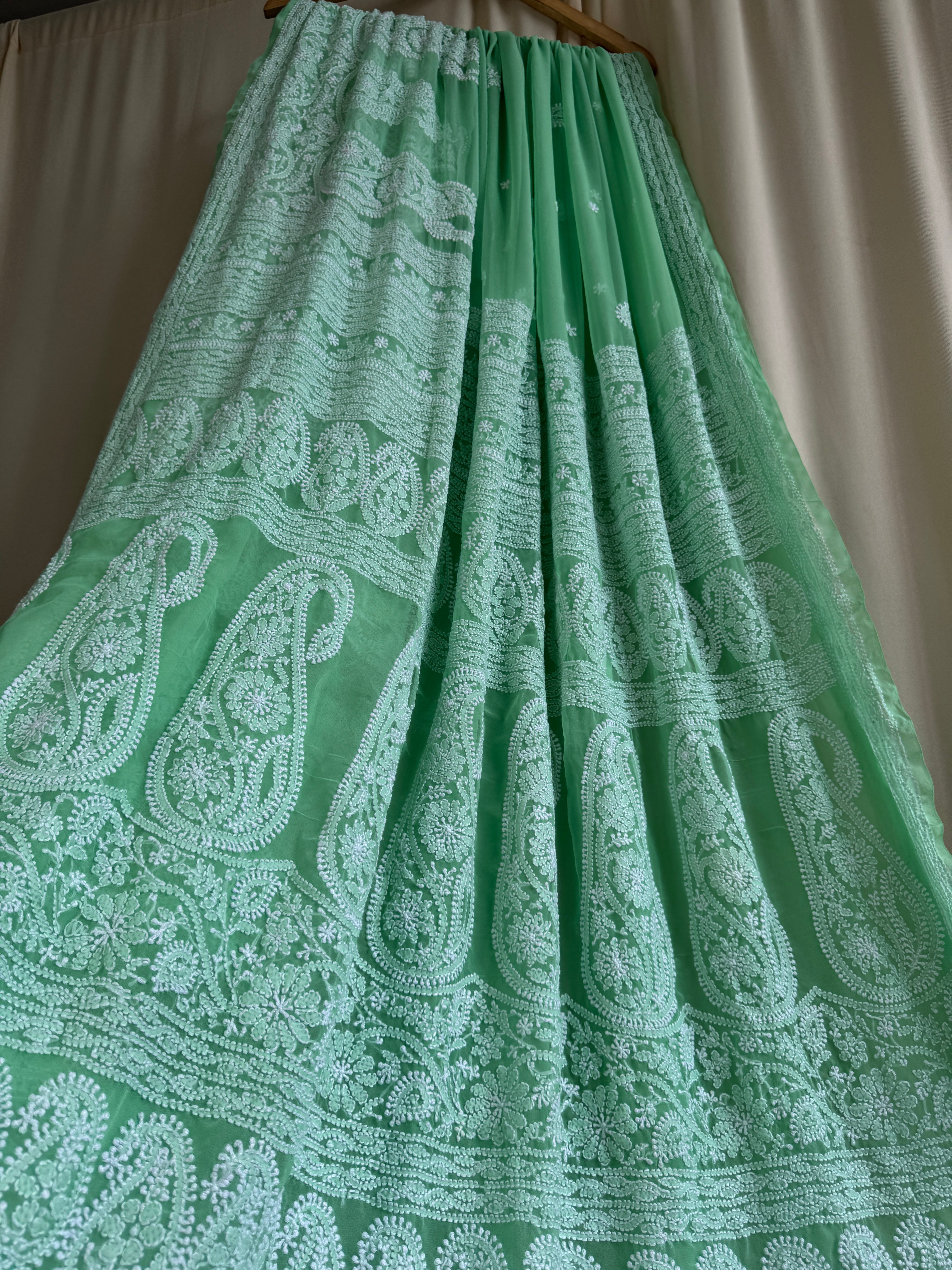 Georgette Chikankari saree in Green ARIAA CHIKANKARI